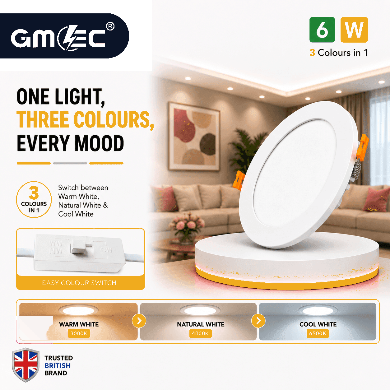 6W LED Recessed Panel Light 3 Colour CCT thumbnail 9