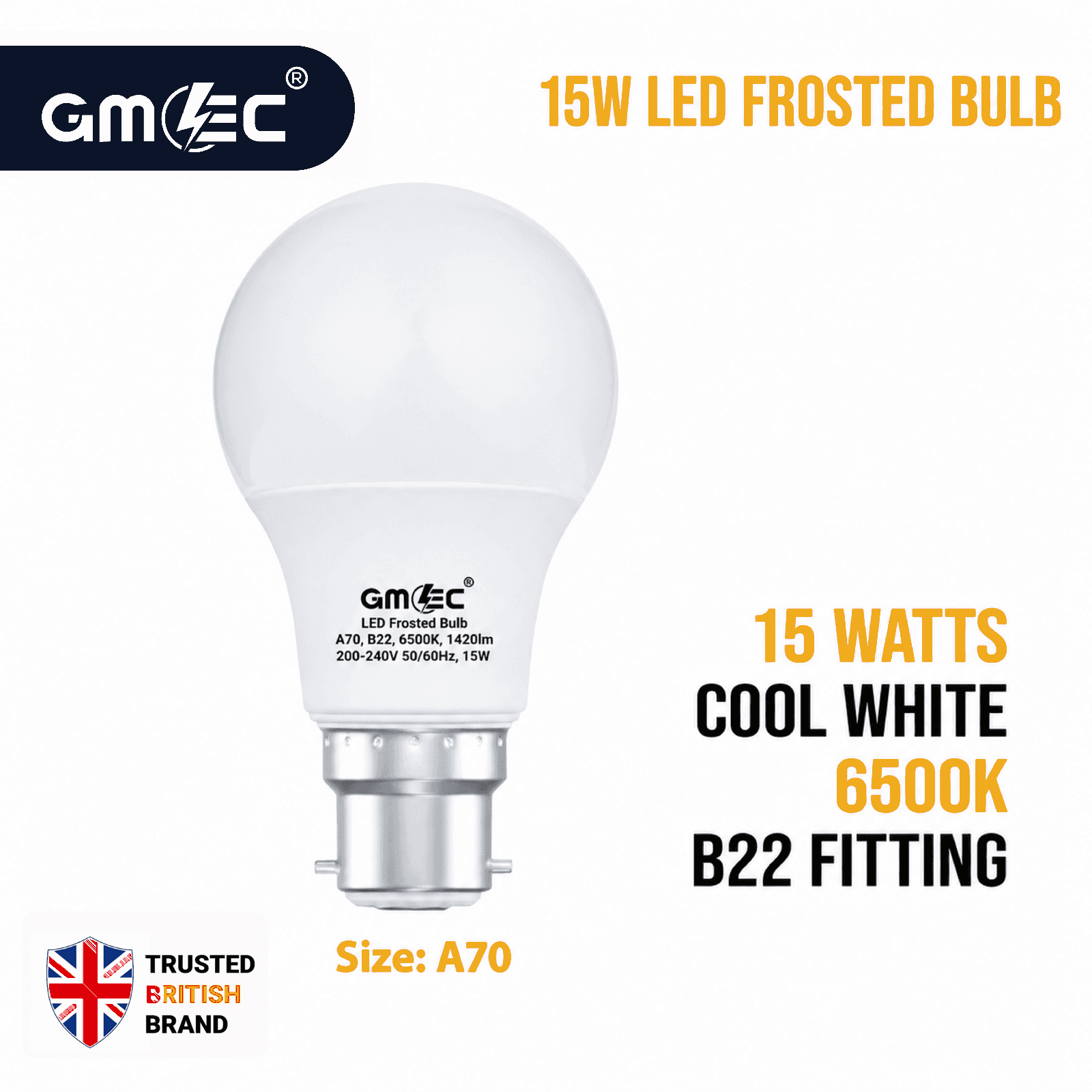 15W LED Frosted Bulb B22 Cool White 6500K A70