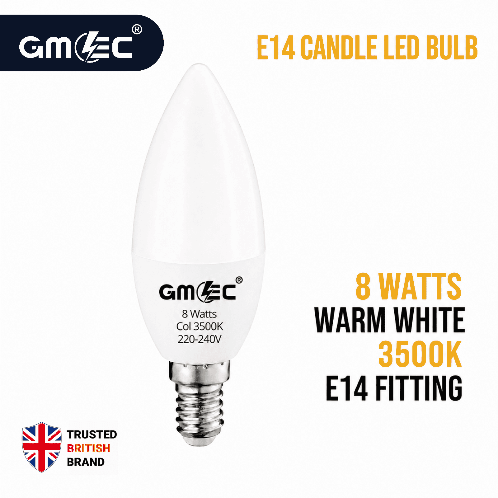 E14 8W LED Candle Bulb Warm White 3500K 1400 Lumens