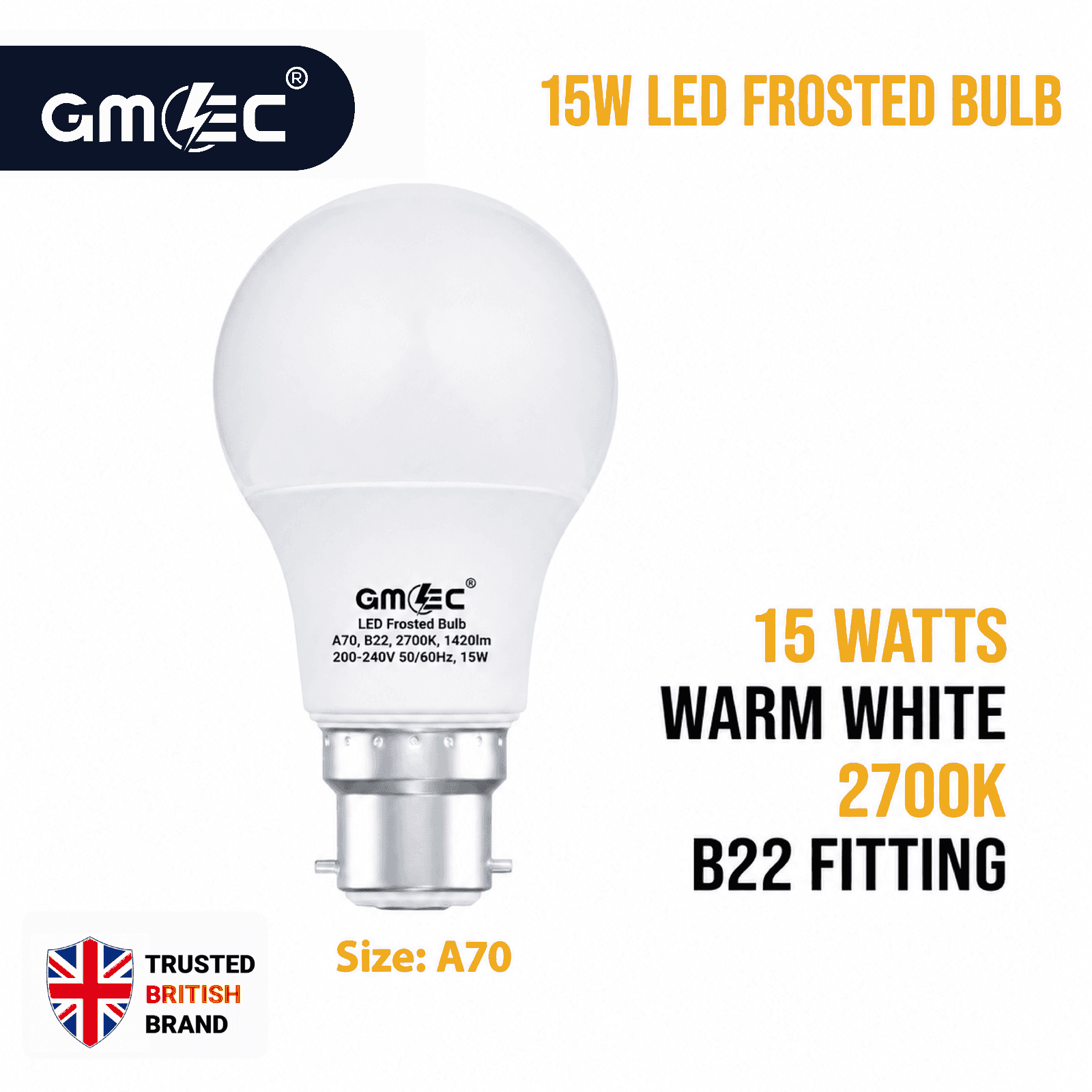 15W LED Frosted Bulb B22 Warm White 2700K A70