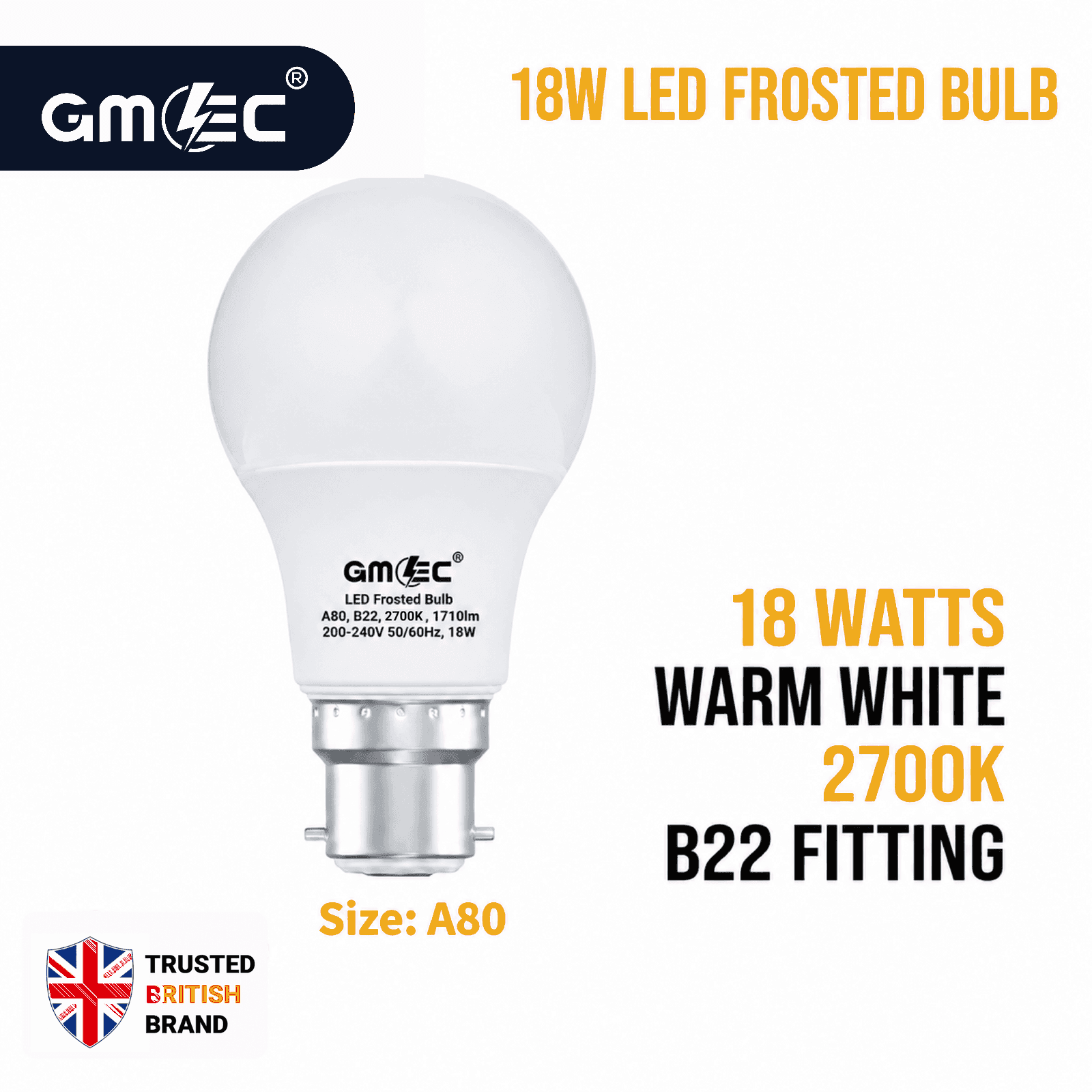 18W LED Frosted Bulb B22 Warm White 2700K A80
