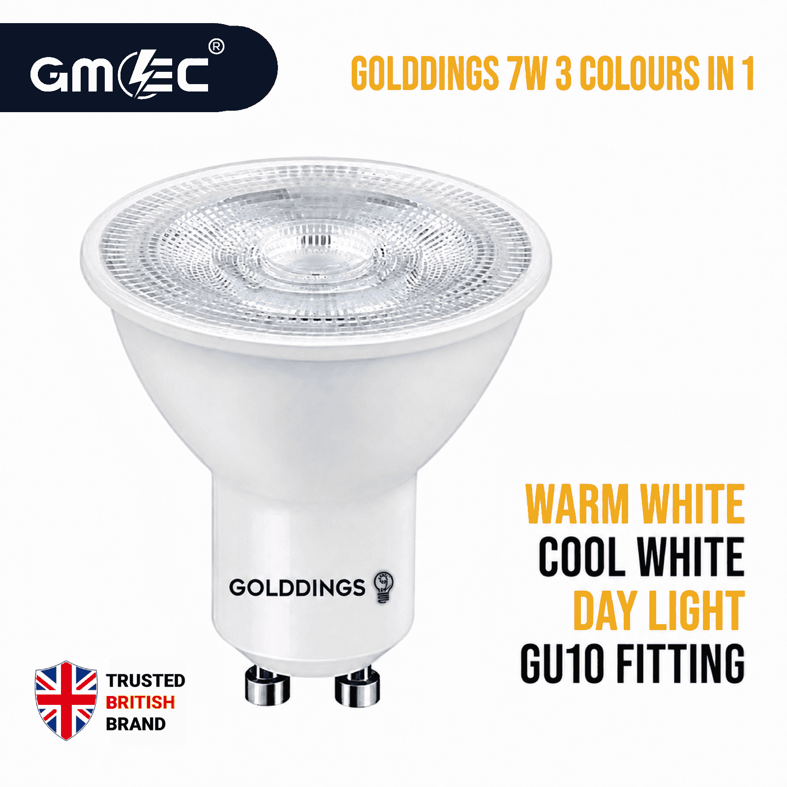 GU10 7W LED Bulb 3 Colour Changing Warm White, Daylight & Cool White