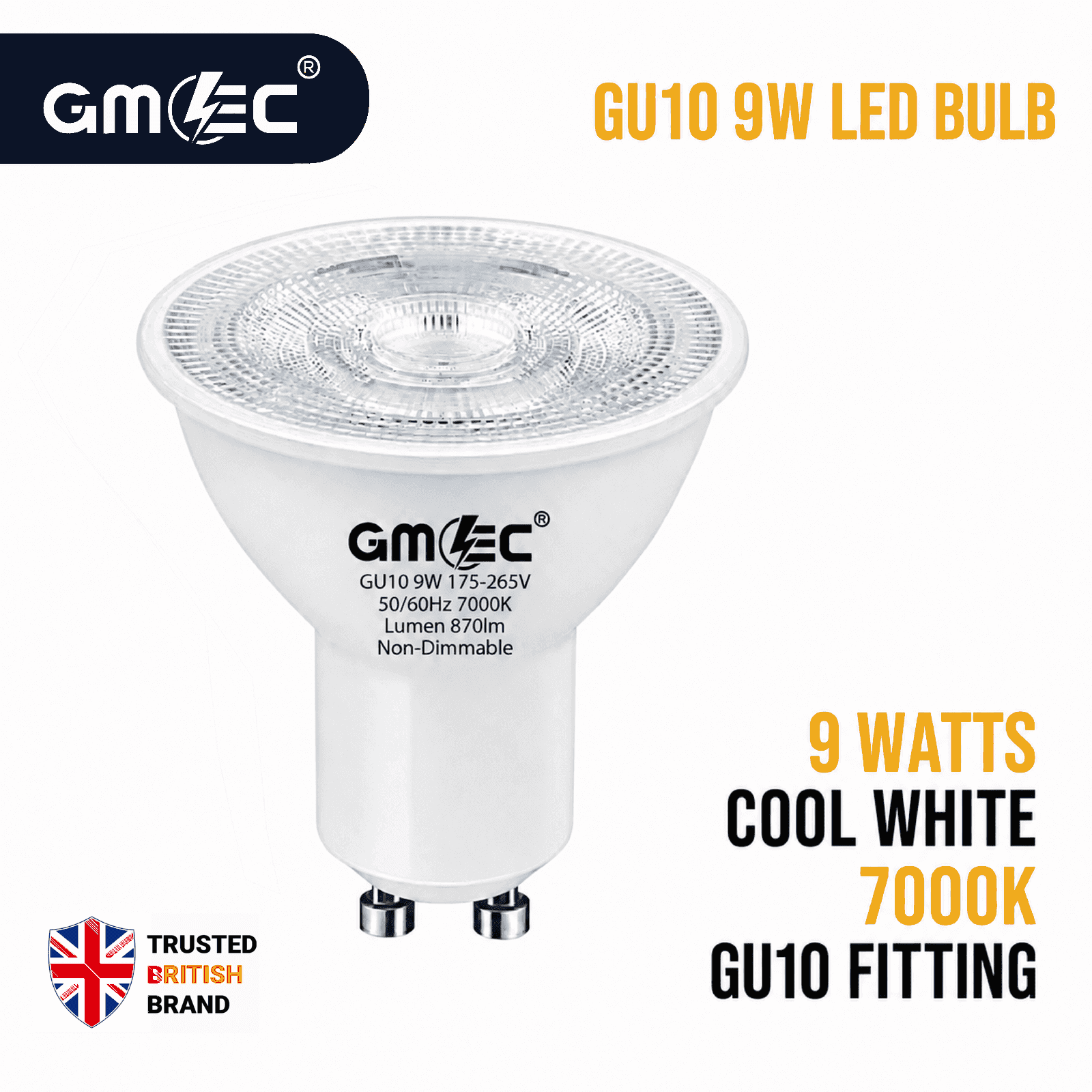 9W GU10 LED Bulb Cool White 7000K 870 Lumens