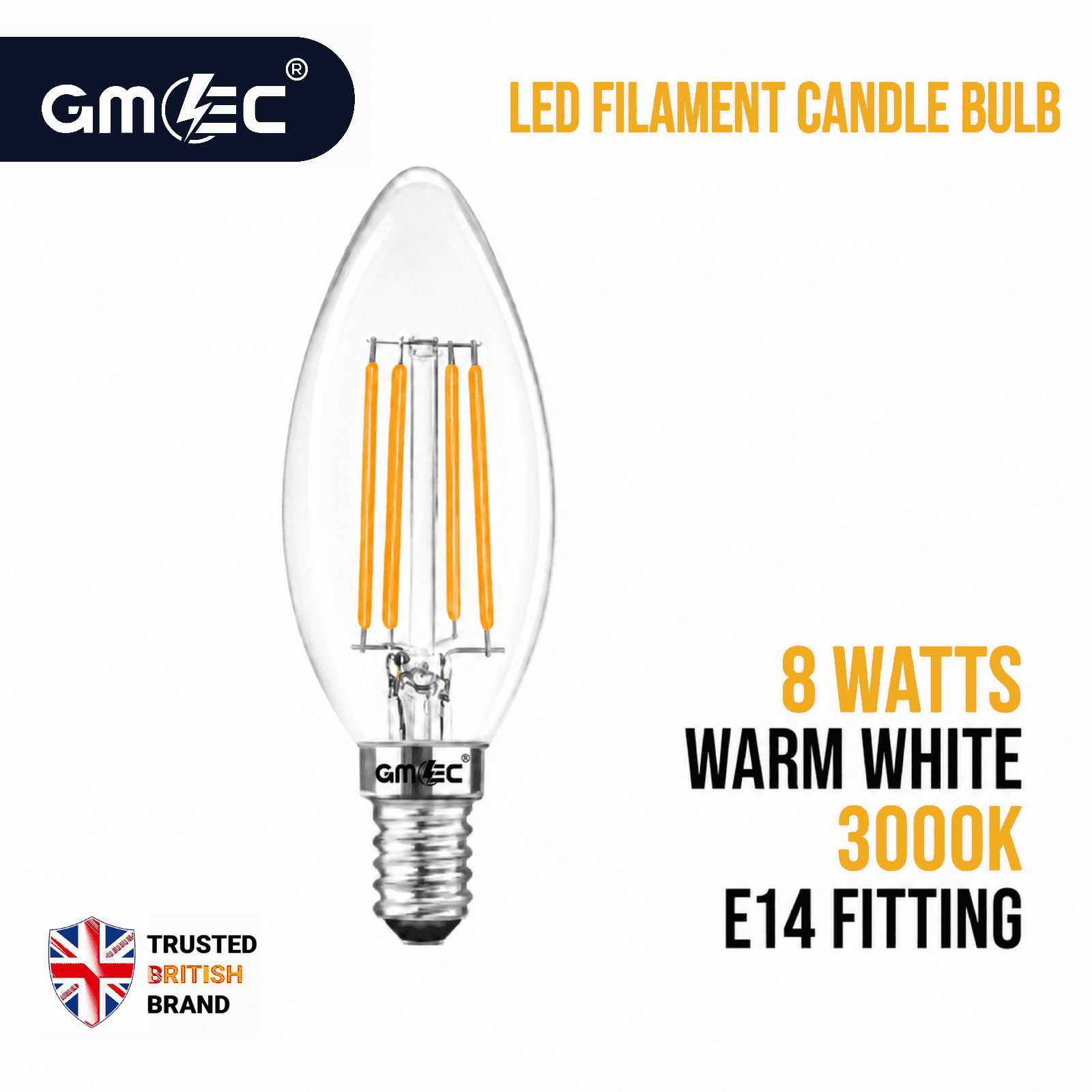 8W E14 LED Filament Bulb Warm White 3000K 1050 Lumens