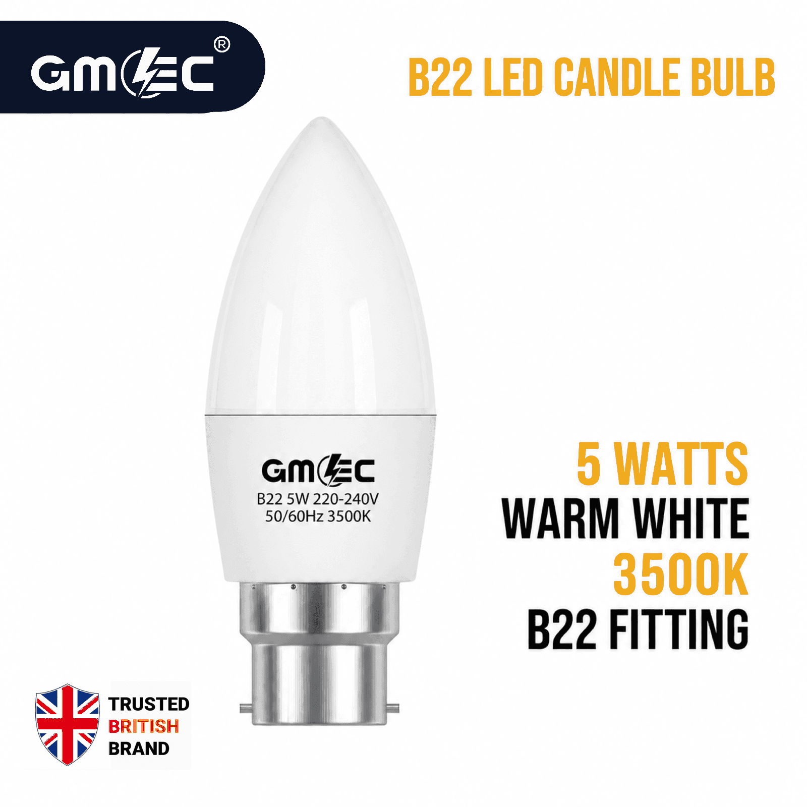 B22 5W LED Candle Bulb Warm White 3500K 350 Lumens