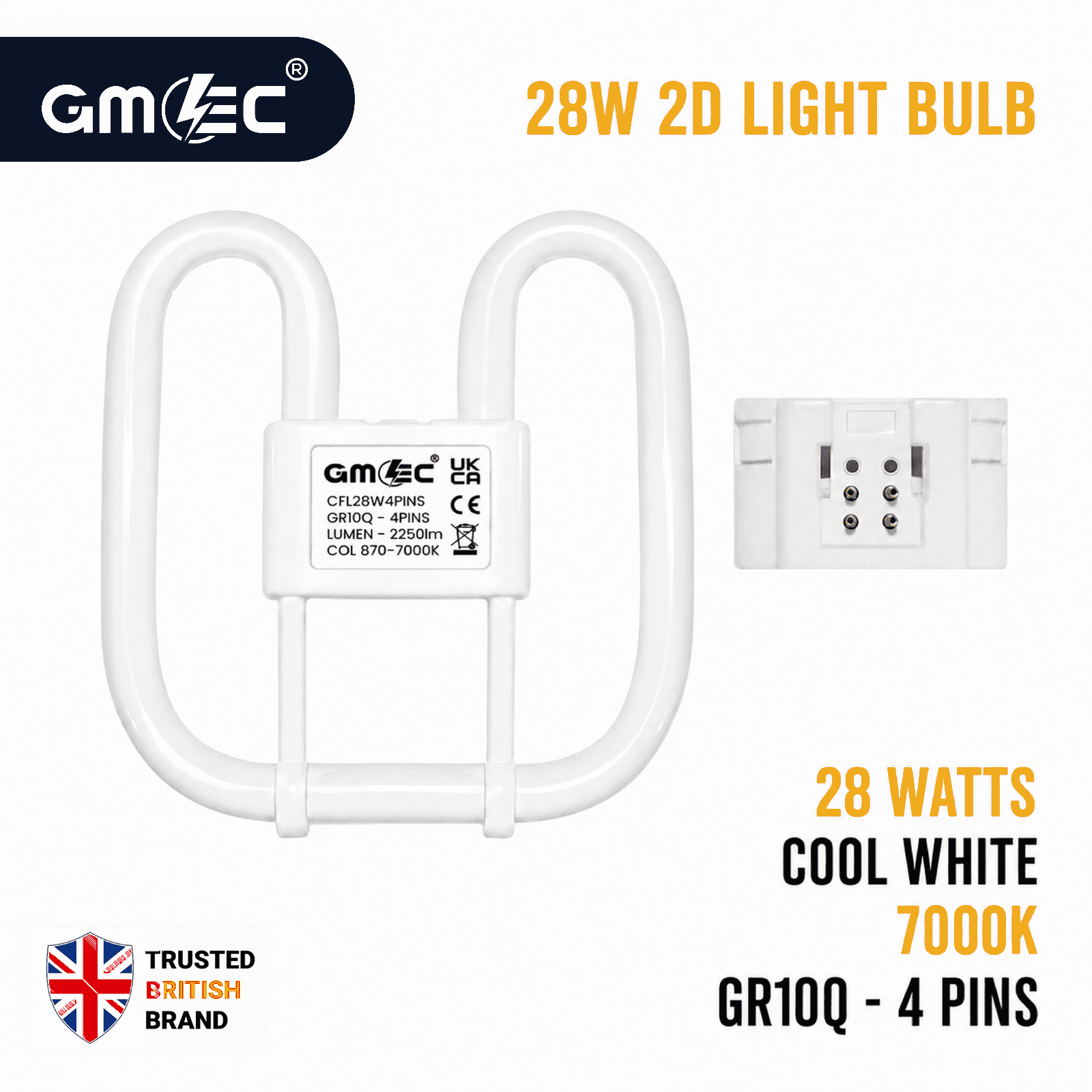 28W 2D Fluorescent Bulb 4 Pin Cool White 7000K 2250 Lumens