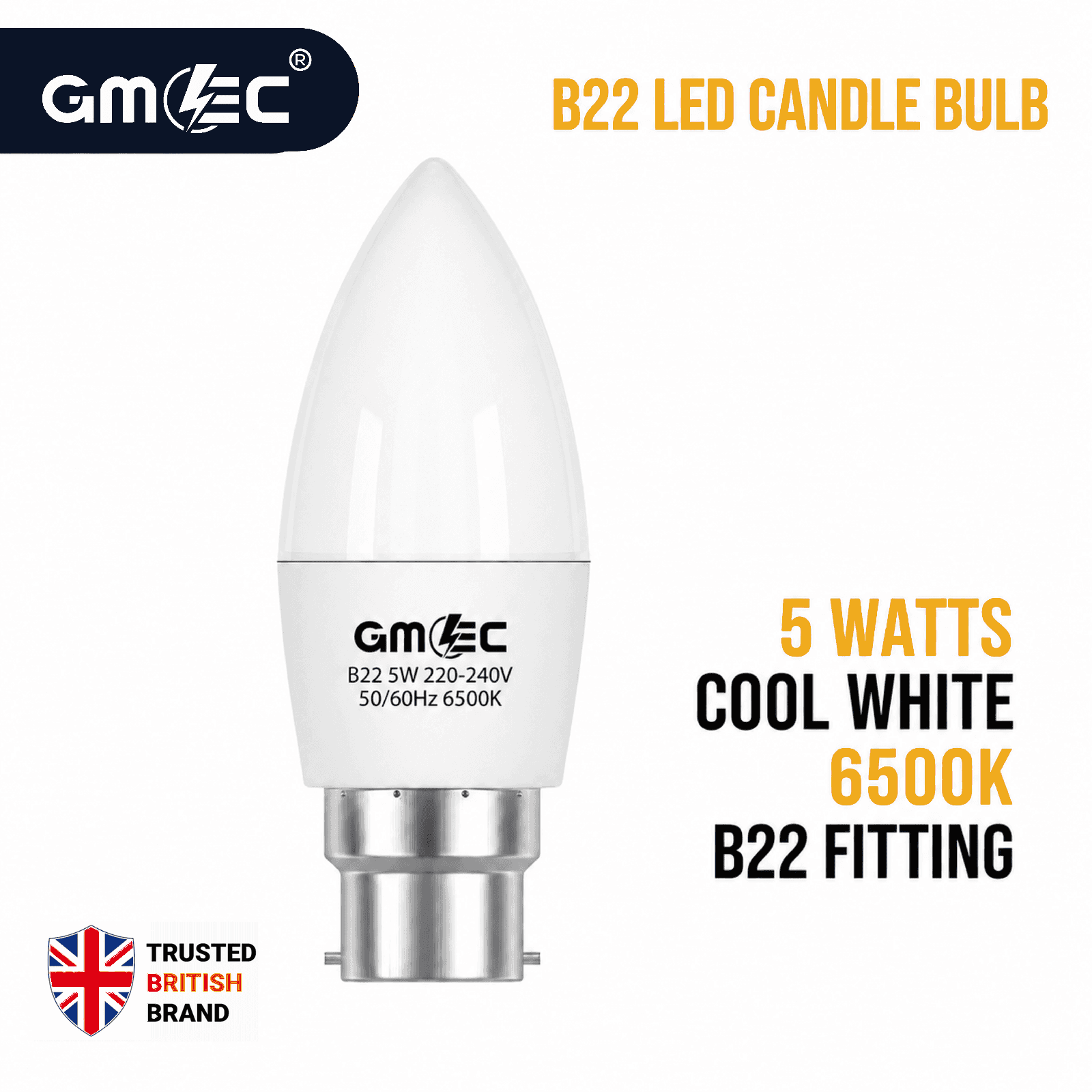 B22 5W LED Candle Bulb Cool White 6500K 550 Lumens