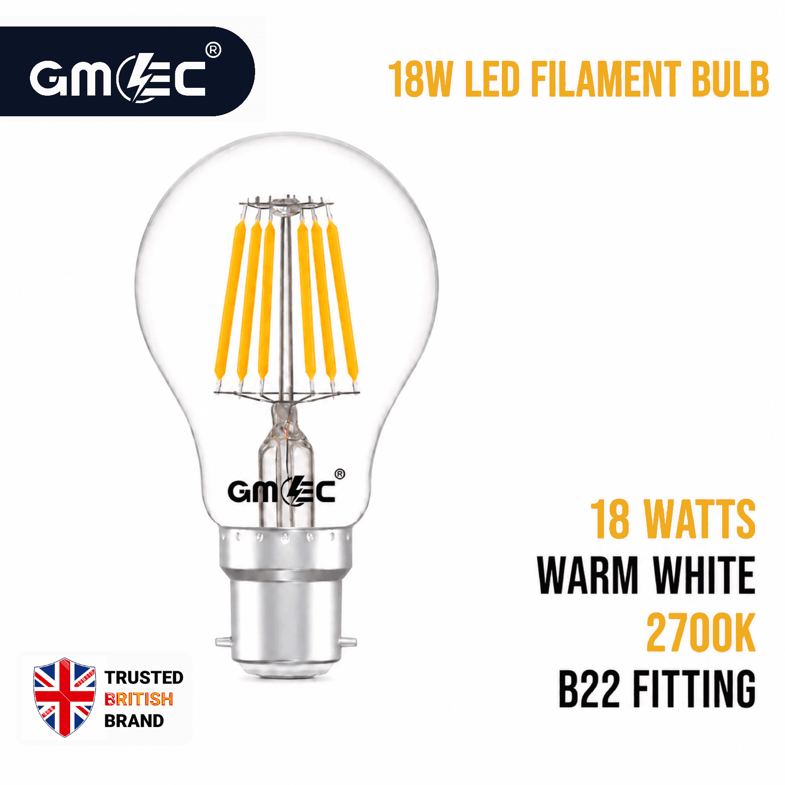18W LED Filament Bulb B22 Warm White 2700K 1710 Lumens