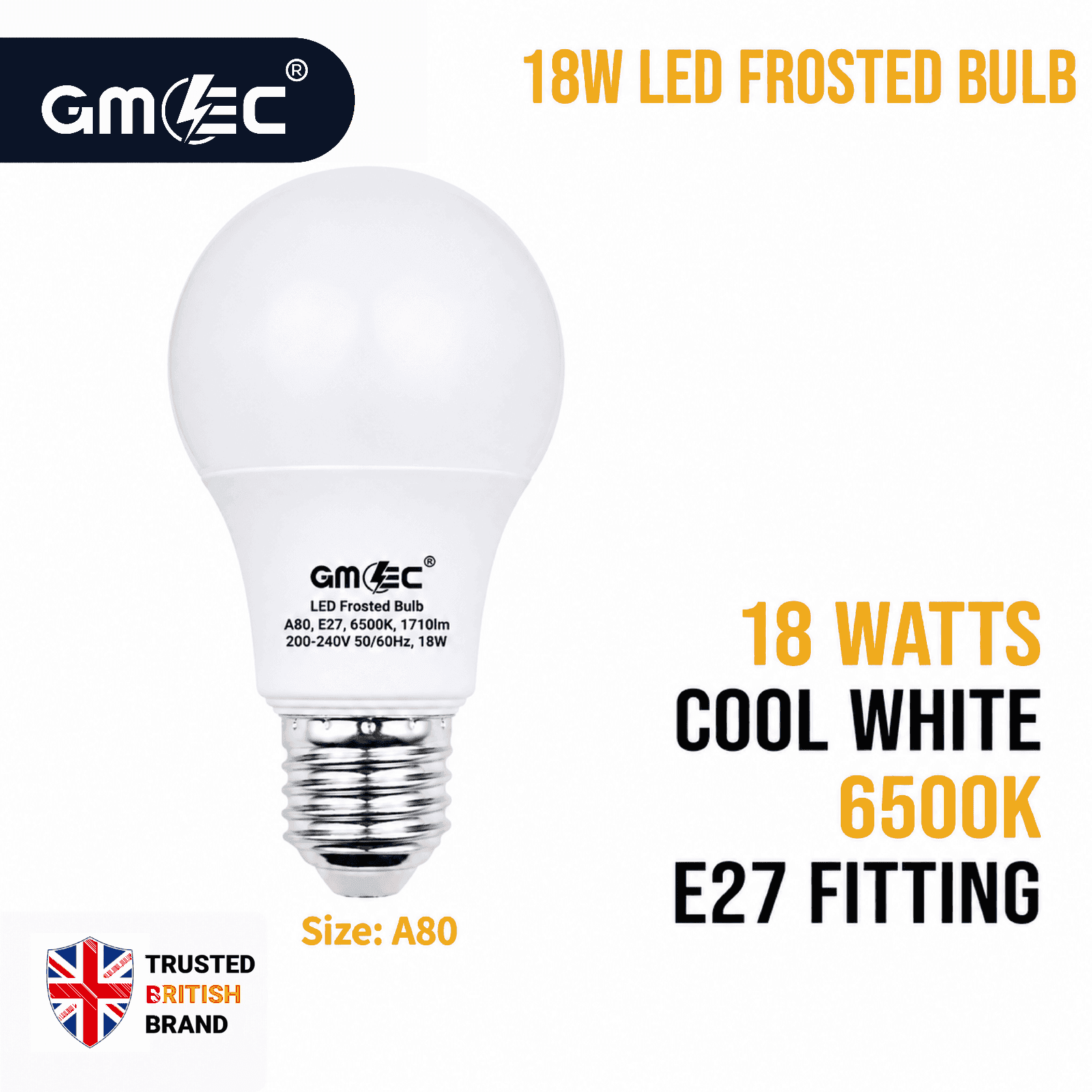18W E27 LED Frosted Bulb Cool White 6500K A80