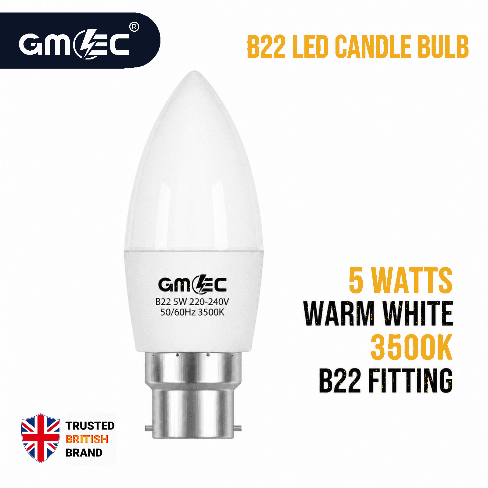 B22 5W LED Candle Bulb Warm White 3500K 350 Lumens thumbnail 2