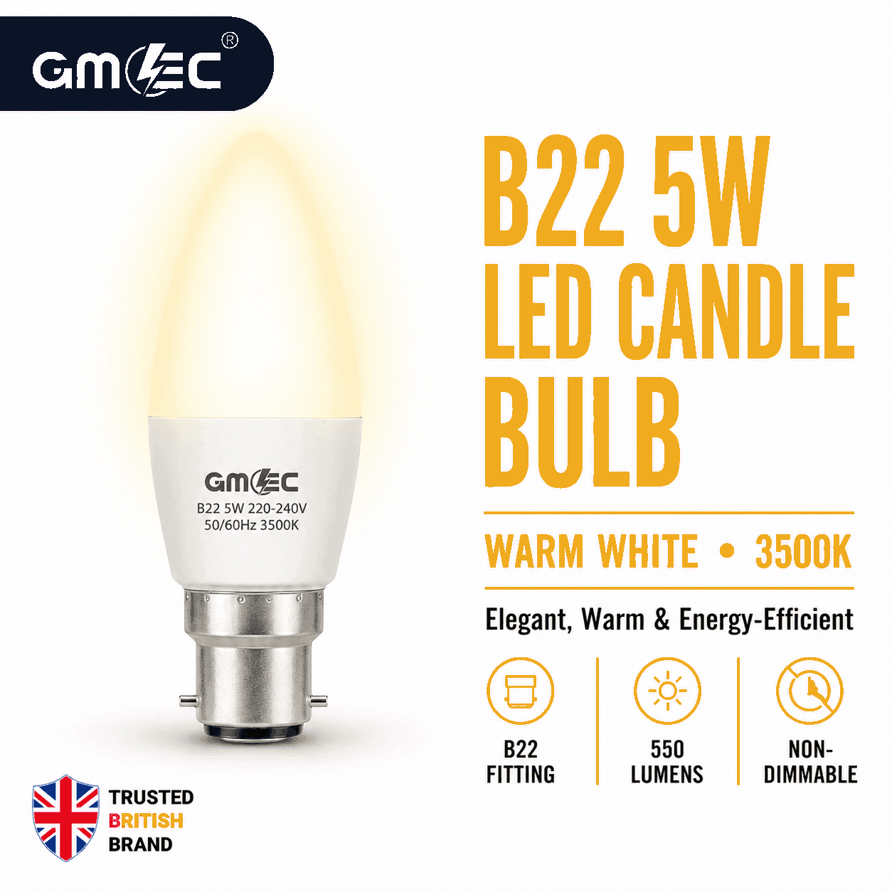 B22 5W LED Candle Bulb Warm White 3500K 350 Lumens thumbnail 3