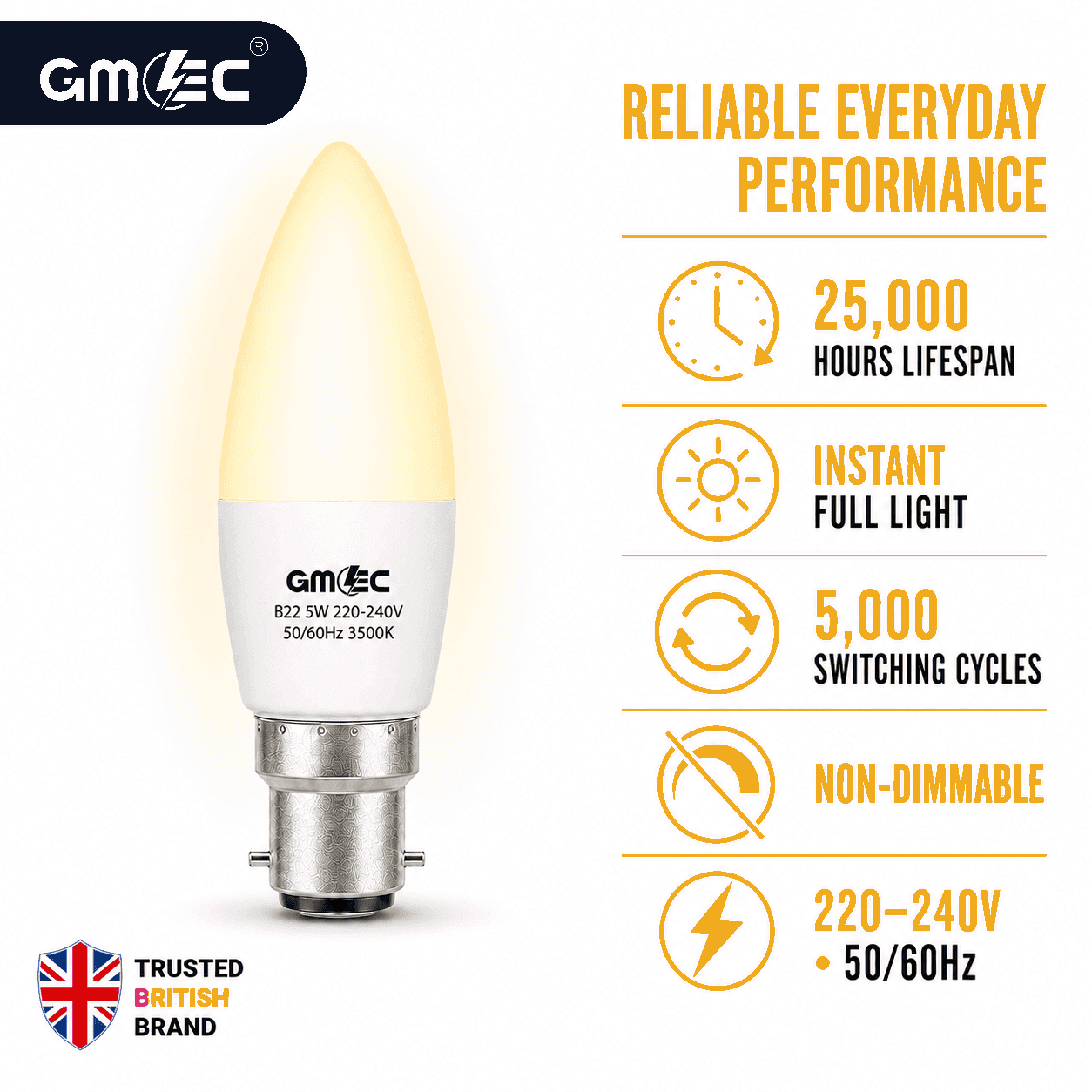 B22 5W LED Candle Bulb Warm White 3500K 350 Lumens thumbnail 6