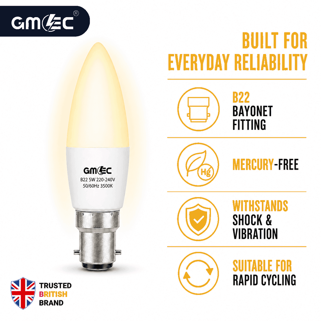 B22 5W LED Candle Bulb Warm White 3500K 350 Lumens thumbnail 7
