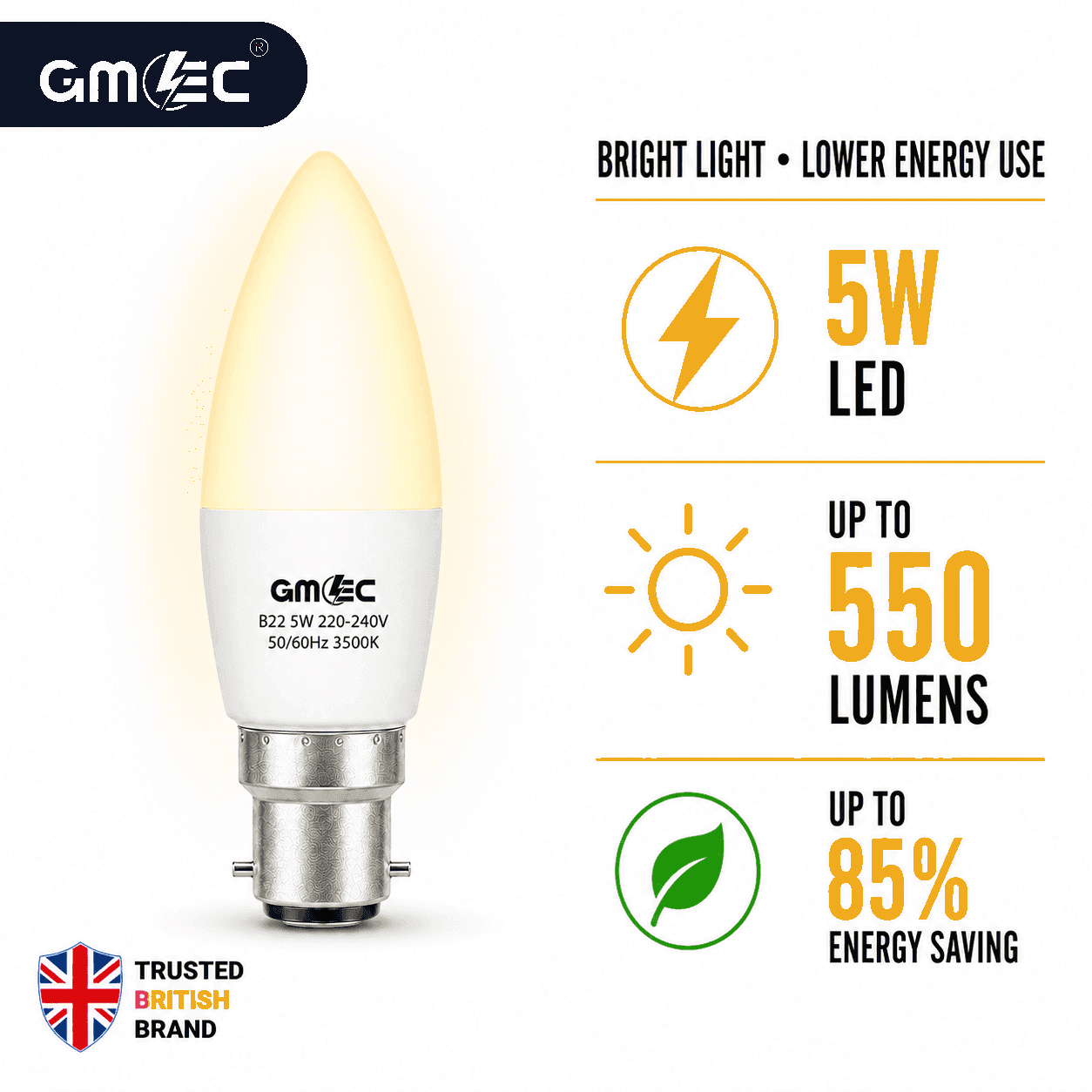 B22 5W LED Candle Bulb Warm White 3500K 350 Lumens thumbnail 8