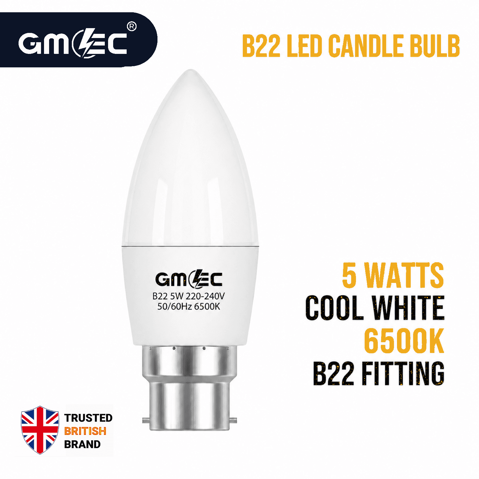 B22 5W LED Candle Bulb Cool White 6500K 550 Lumens thumbnail 2