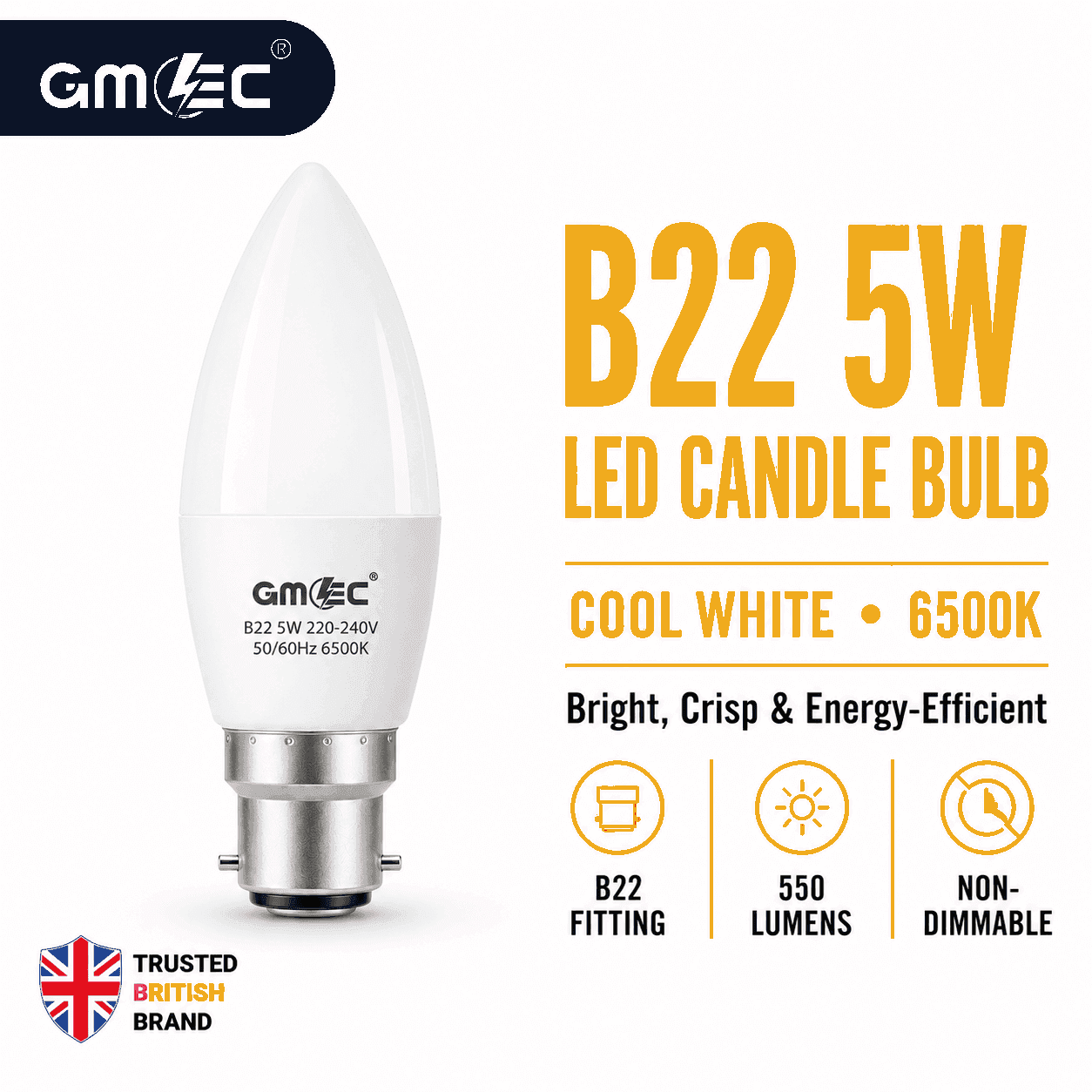 B22 5W LED Candle Bulb Cool White 6500K 550 Lumens thumbnail 3