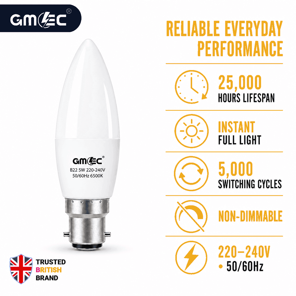 B22 5W LED Candle Bulb Cool White 6500K 550 Lumens thumbnail 6