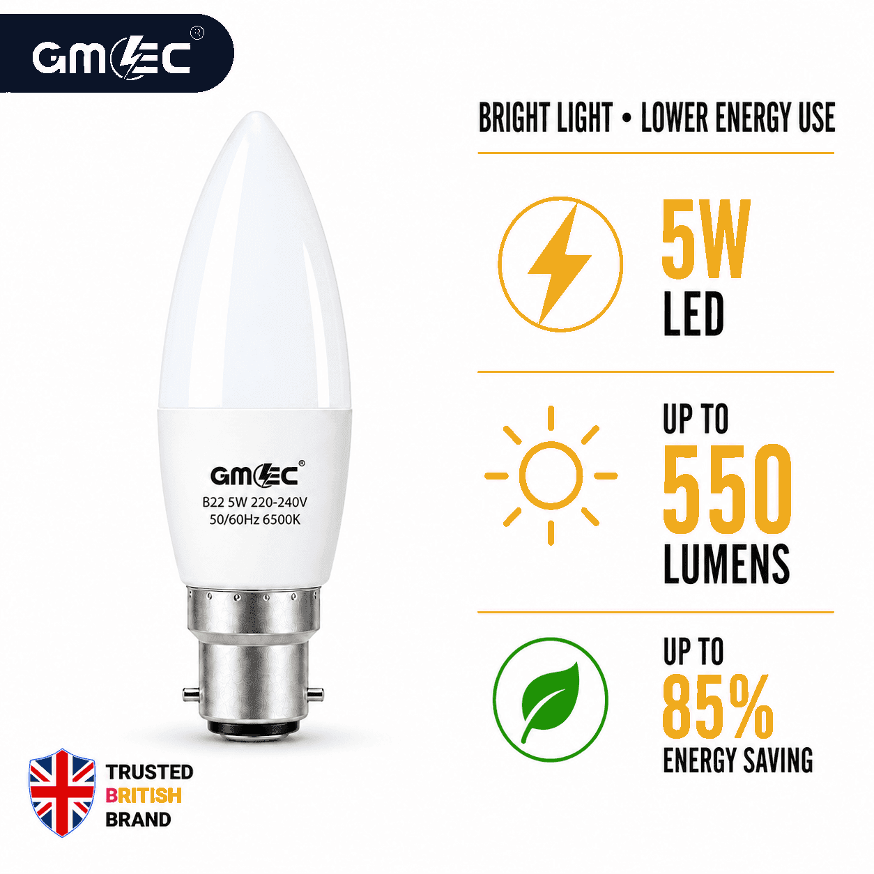 B22 5W LED Candle Bulb Cool White 6500K 550 Lumens thumbnail 8