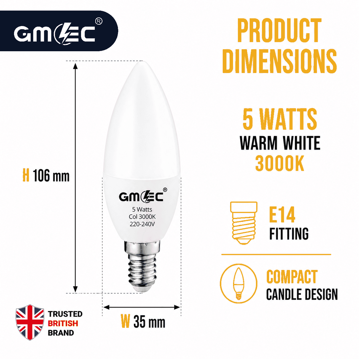 E14 5W LED Candle Bulb Warm White 3000K 550 Lumens thumbnail 3