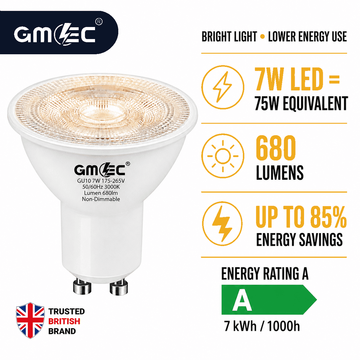 7W GU10 LED Bulb Warm White 3000K 680 Lumens SMD 2835 thumbnail 10