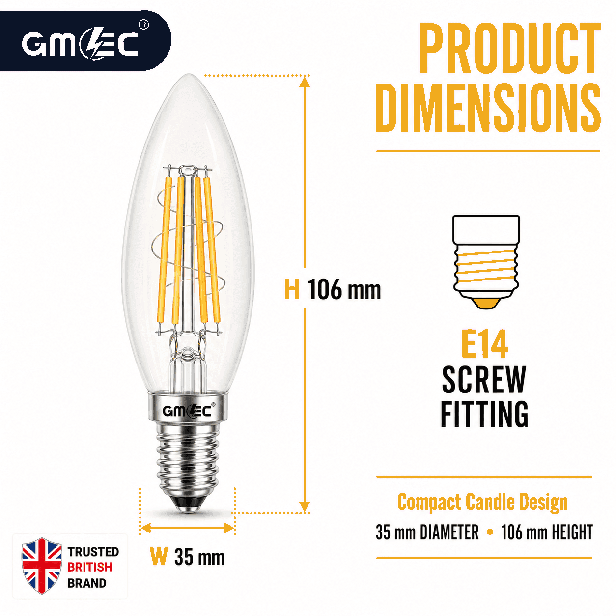 4W E14 LED Filament Candle Bulb Warm White 3000K 550 Lumens thumbnail 3