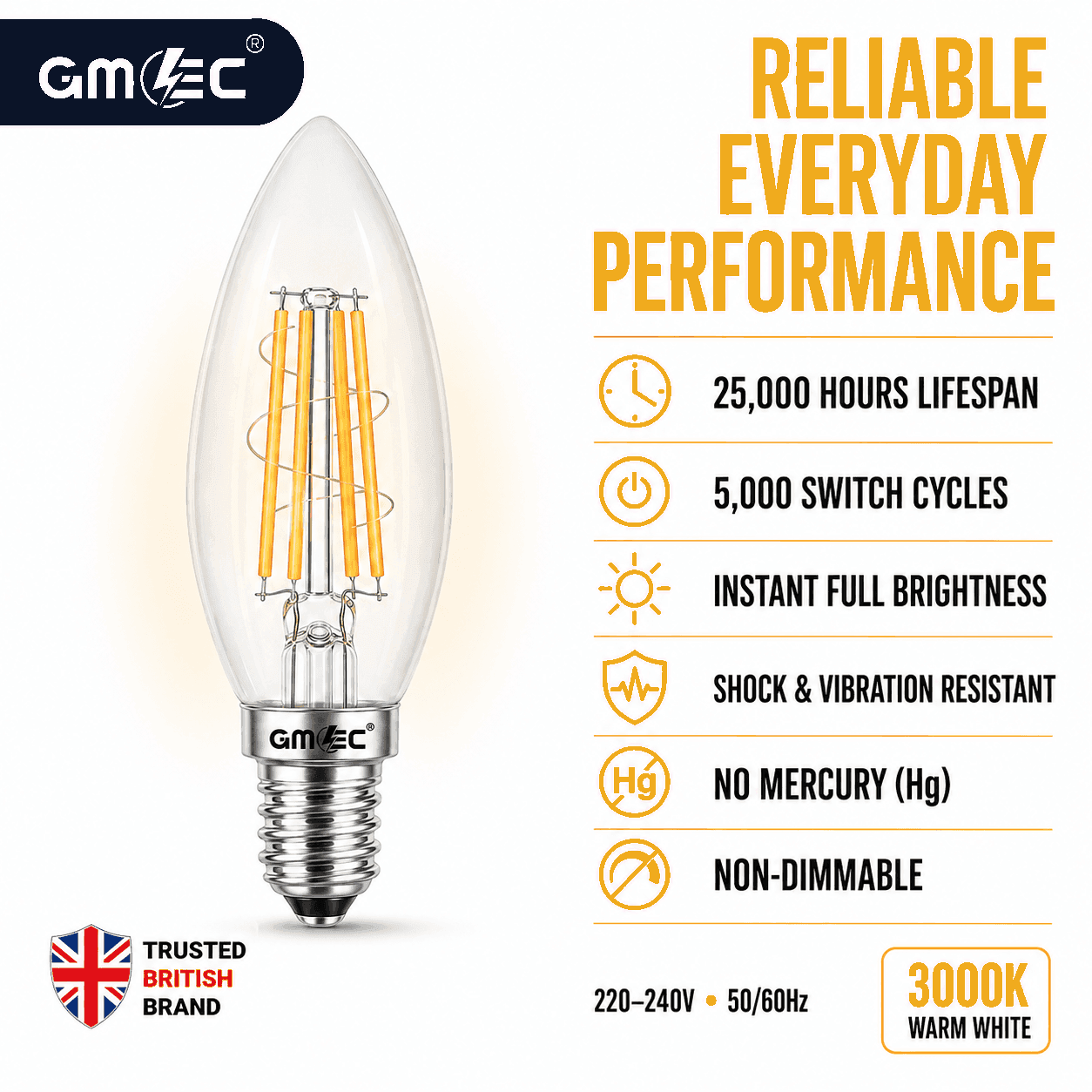4W E14 LED Filament Candle Bulb Warm White 3000K 550 Lumens thumbnail 6