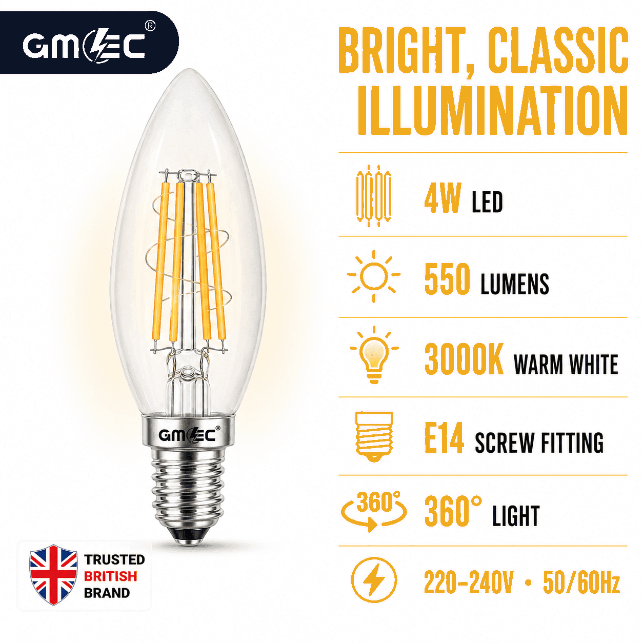 4W E14 LED Filament Candle Bulb Warm White 3000K 550 Lumens thumbnail 7