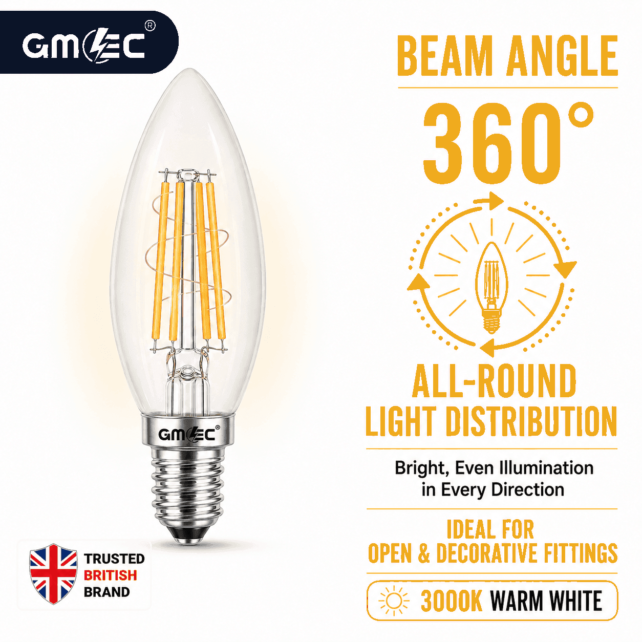 4W E14 LED Filament Candle Bulb Warm White 3000K 550 Lumens thumbnail 8