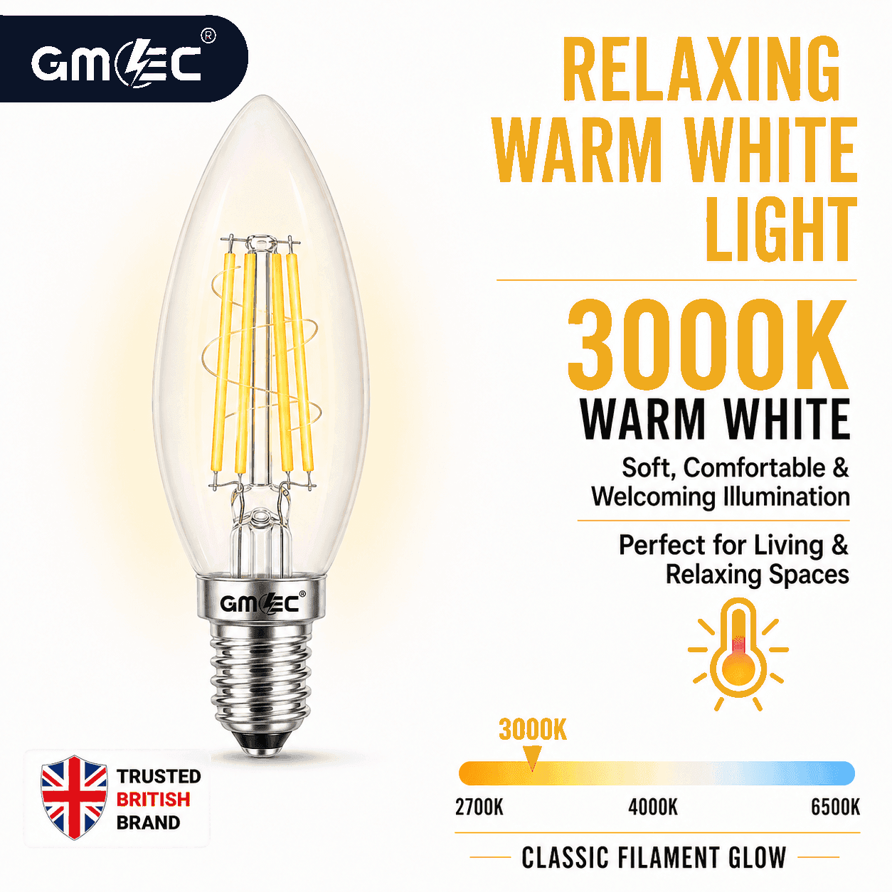 4W E14 LED Filament Candle Bulb Warm White 3000K 550 Lumens thumbnail 9