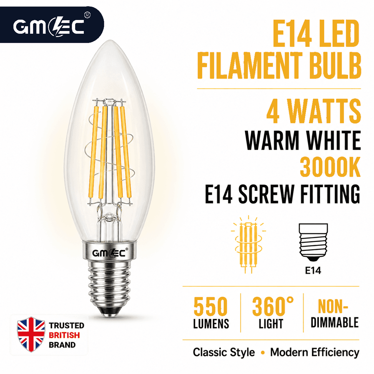 4W E14 LED Filament Candle Bulb Warm White 3000K 550 Lumens thumbnail 10