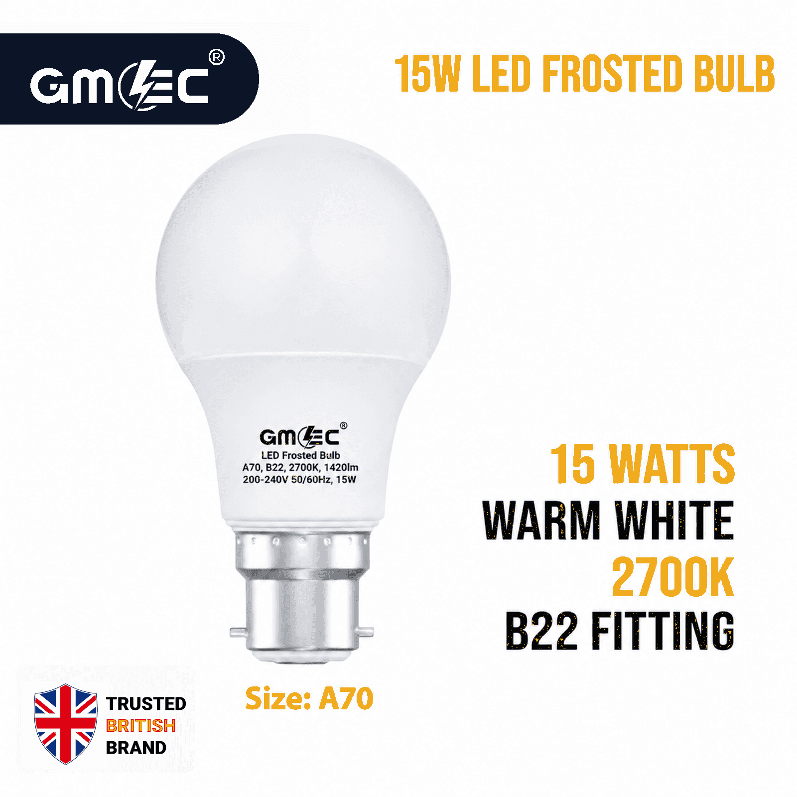 15W LED Frosted Bulb B22 Warm White 2700K A70 thumbnail 2
