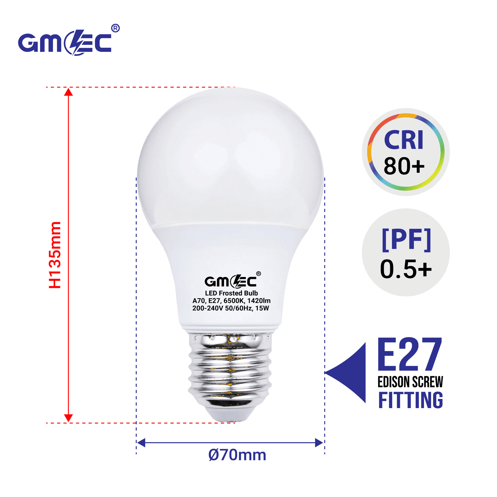 15W E27 LED Frosted Bulb Cool White 6500K A70 thumbnail 7