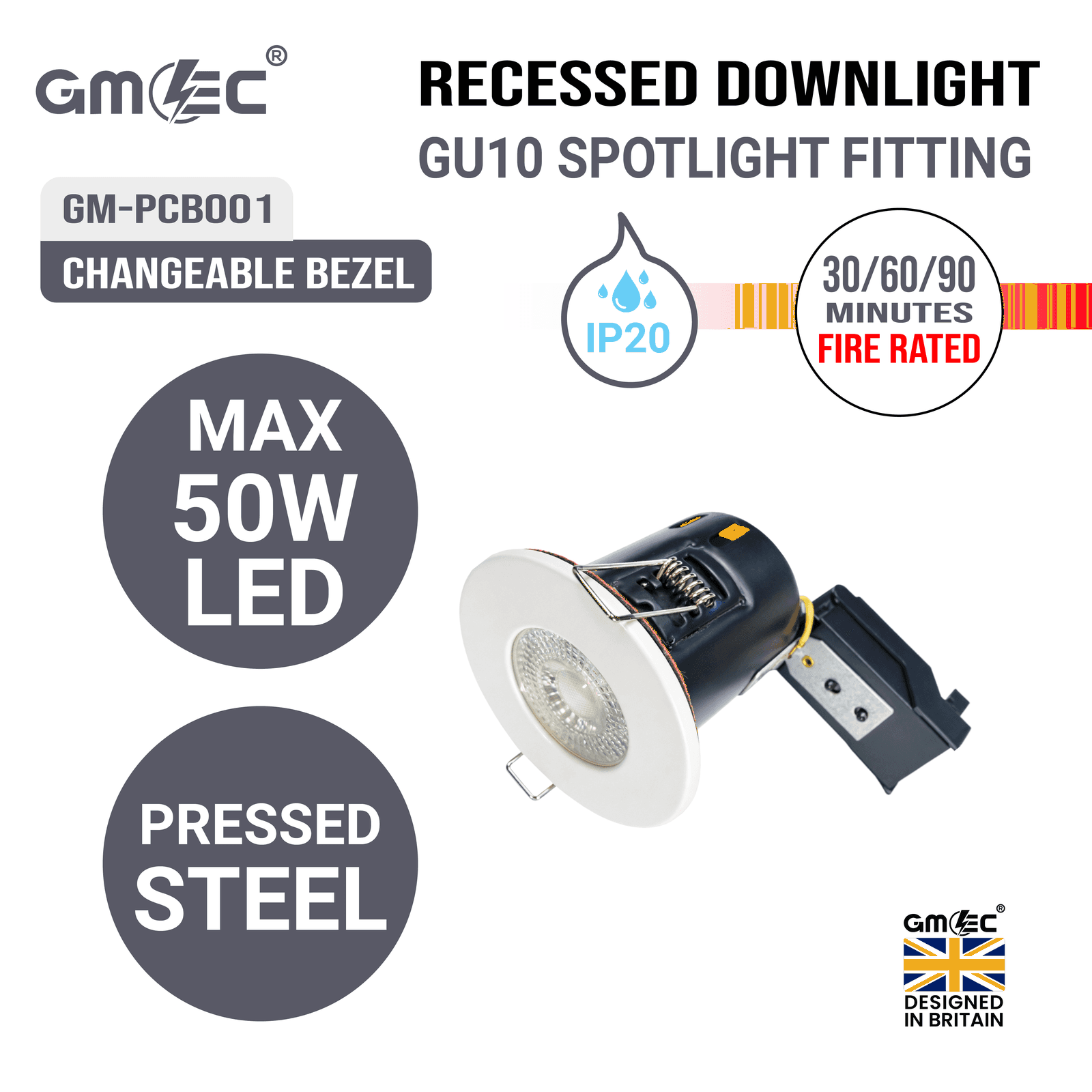 GU10 Fire Rated Downlight Changeable Bezel GM-PCB001 - White thumbnail 3