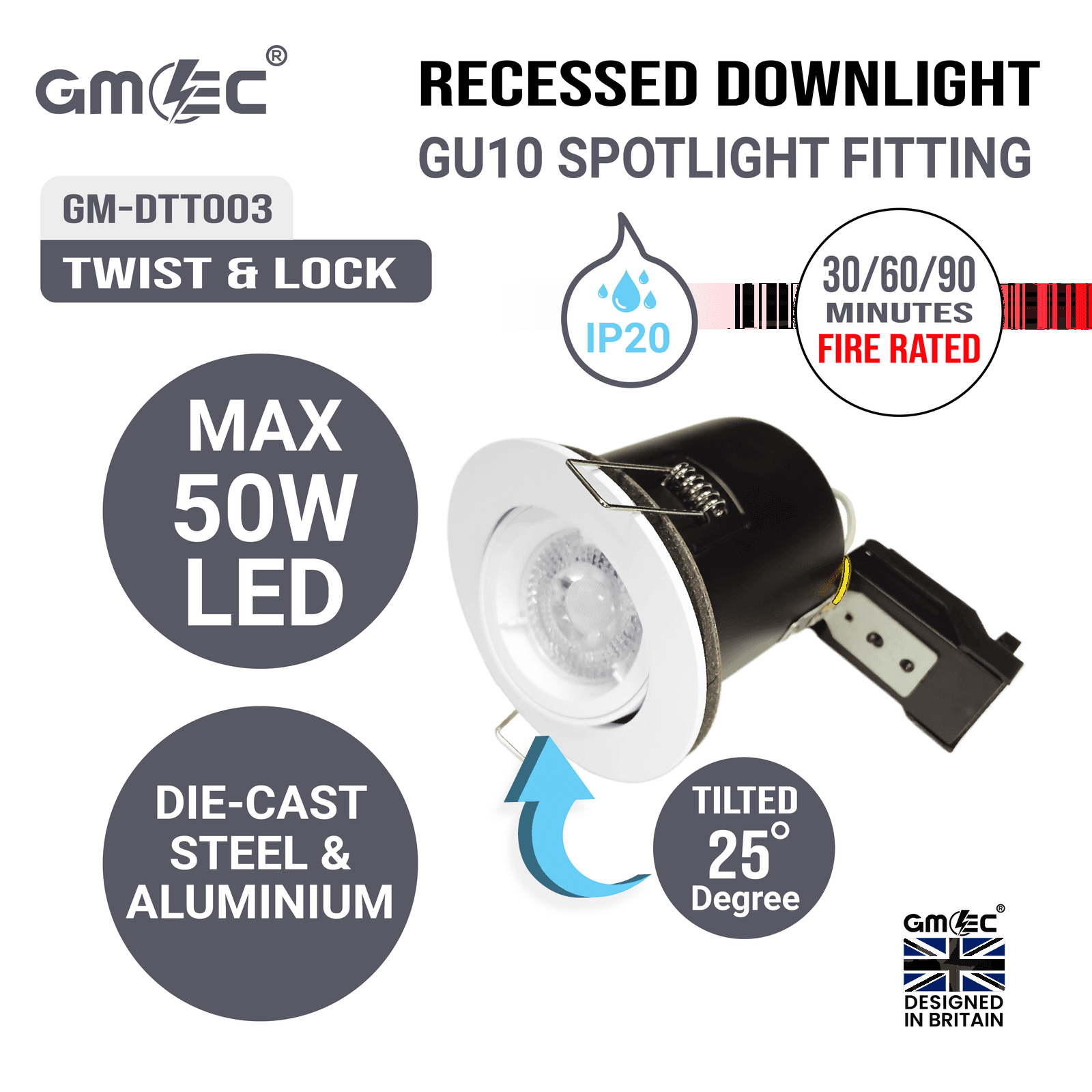 GU10 Fire Rated Downlight Die-Cast Tilted Twist & Lock GM-DTT003 - Satin Nickle thumbnail 3