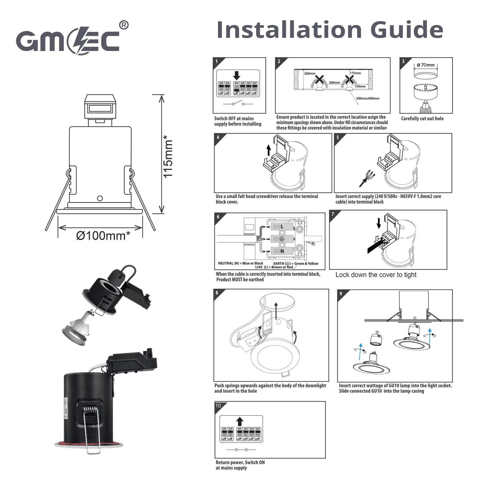 GU10 Fire Rated Downlight Die-Cast Tilted Twist & Lock GM-DTT003 - White thumbnail 8