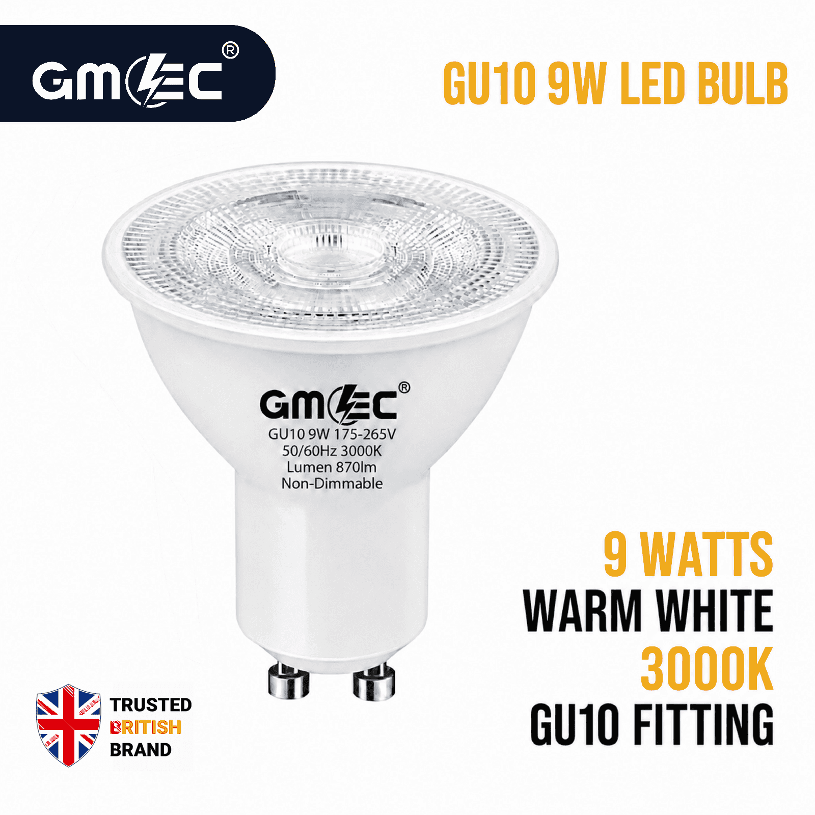 9W GU10 LED Bulb Warm White 3000K 870 Lumens