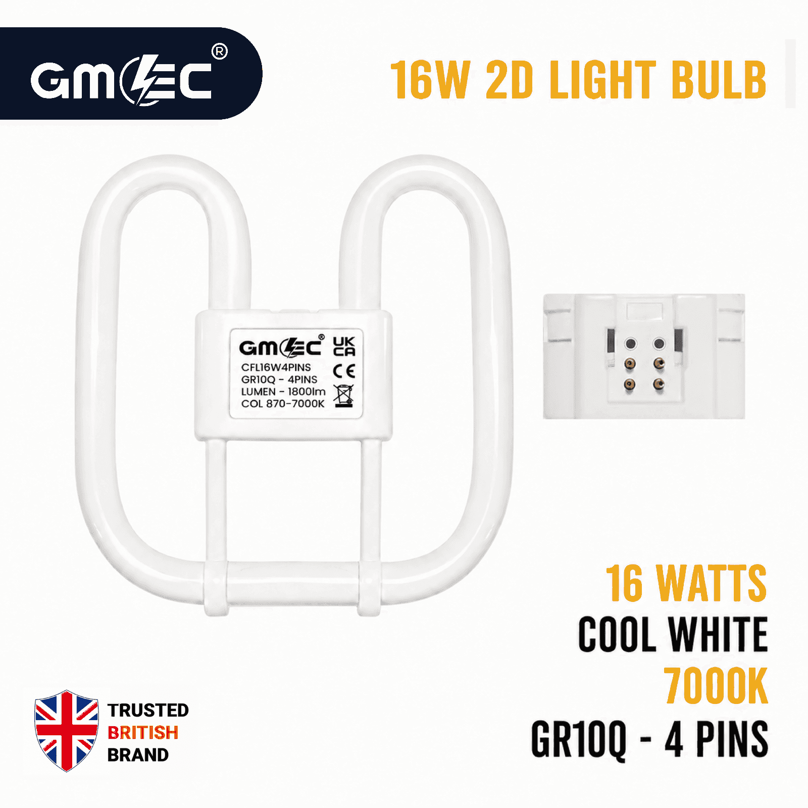 16W 2D Fluorescent Bulb 4 Pin Cool White 7000K 1800 Lumens