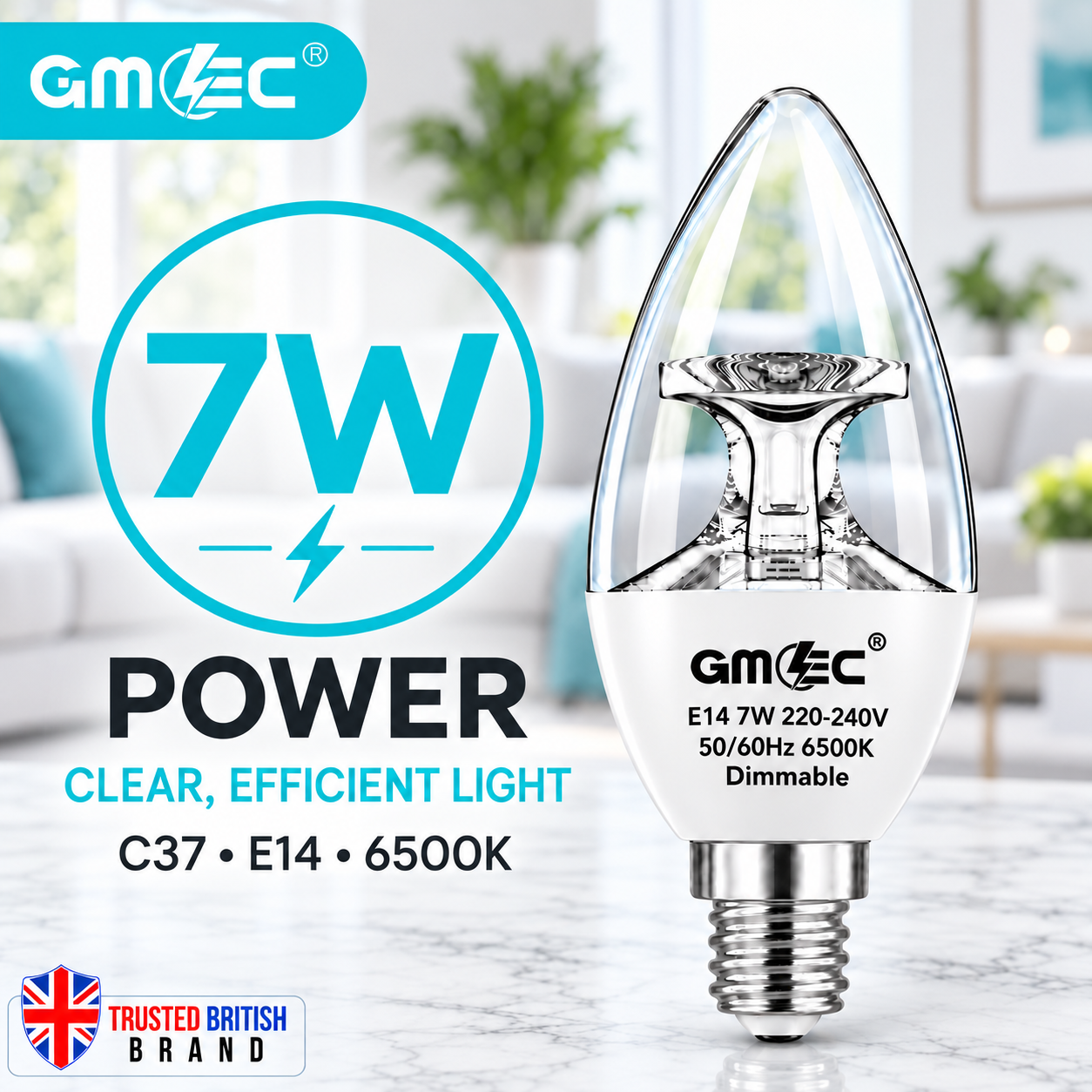 7W E14 C37 LED Reflector Candle Bulb – Clear Glass Dimmable Cool White 6500K, 460 Lumens
