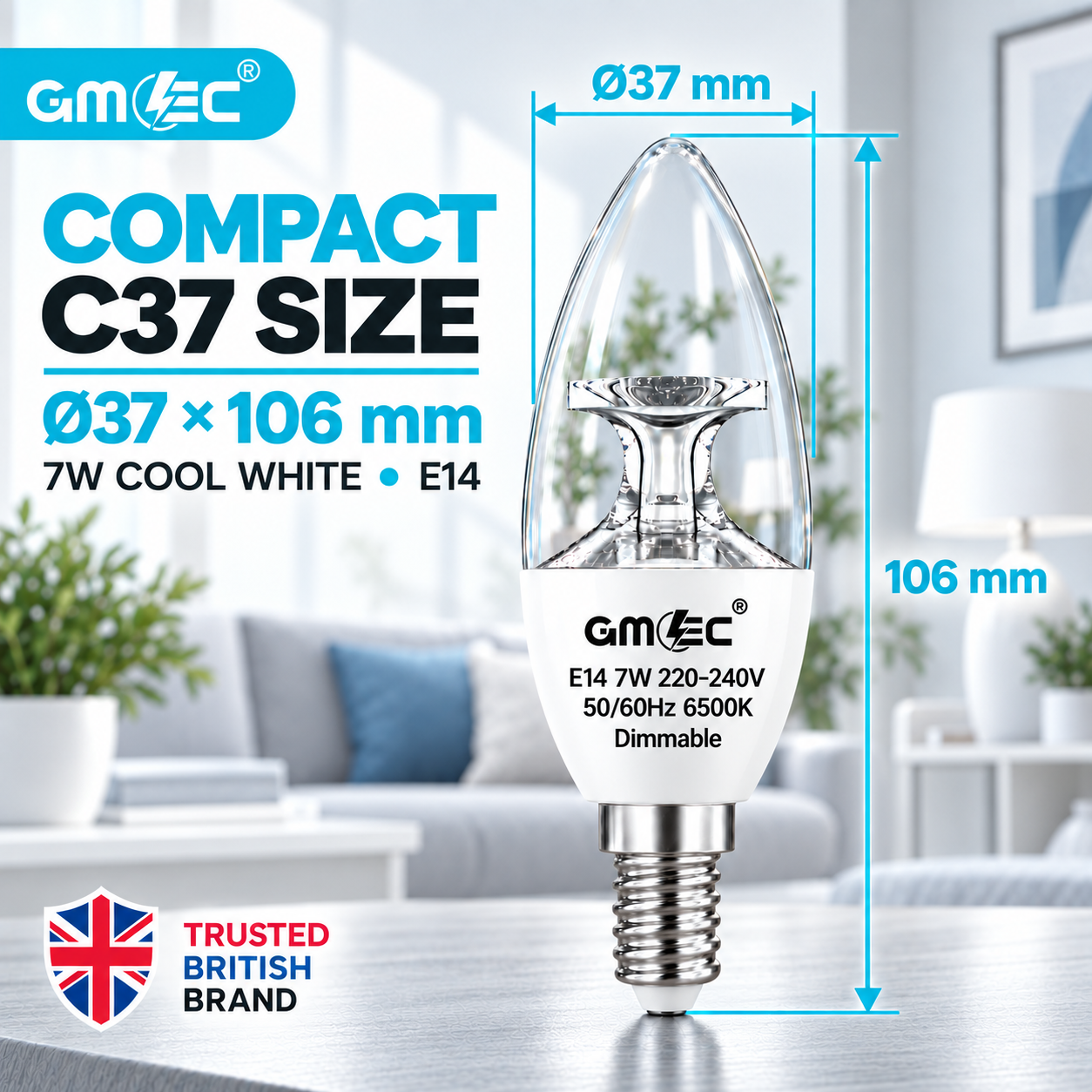 7W E14 C37 LED Reflector Candle Bulb – Clear Glass Dimmable Cool White 6500K, 460 Lumens thumbnail 4