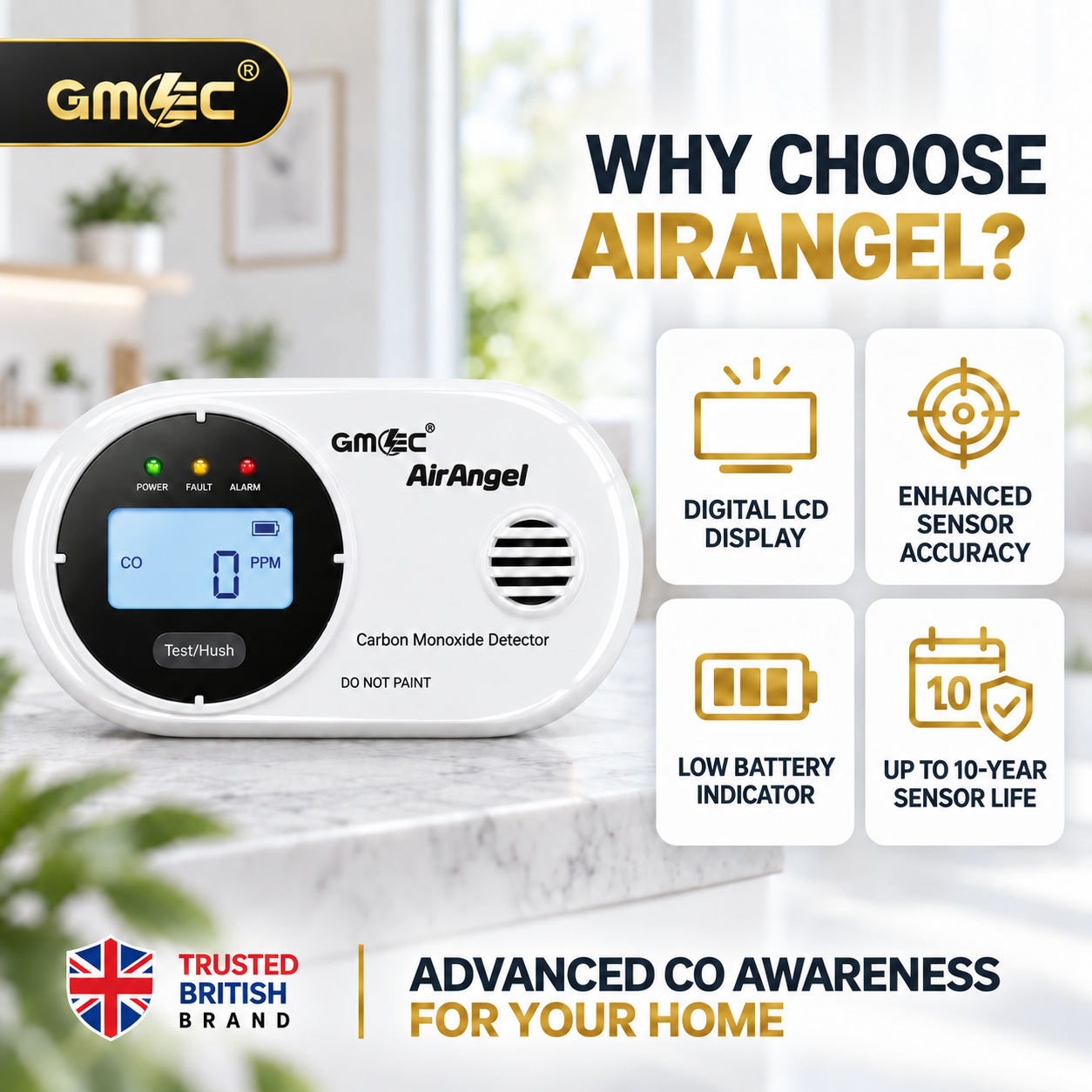 Carbon Monoxide Alarm with Digital LCD Display – 10 Year Sensor Life, Battery Powered CO Detector thumbnail 10
