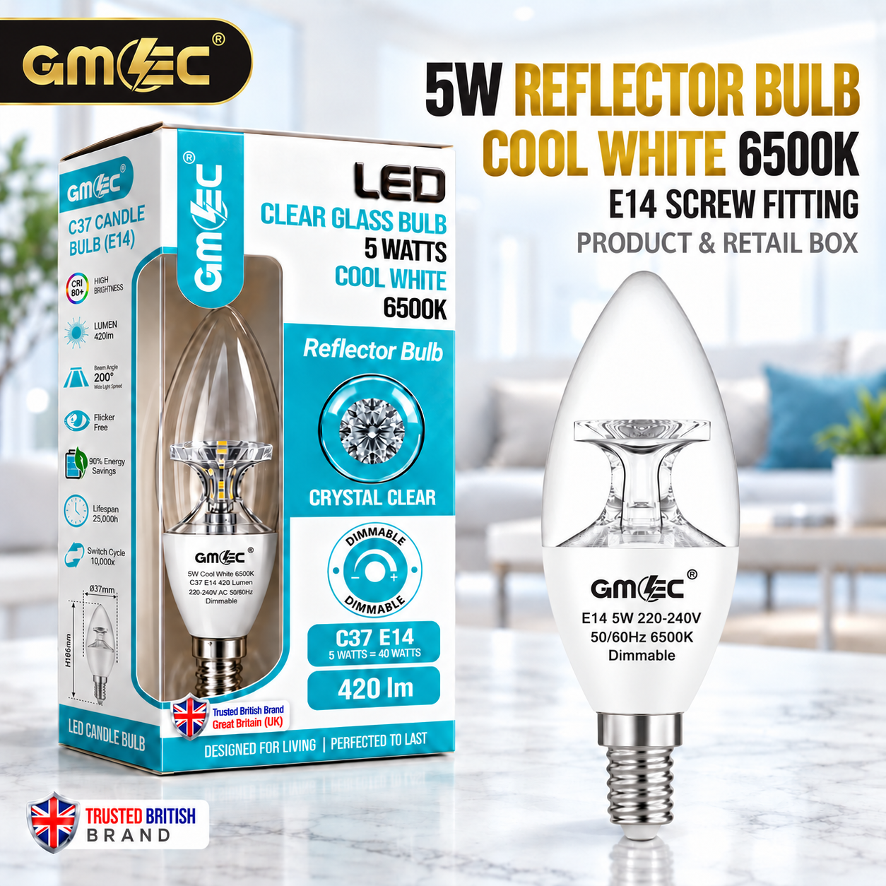 5W E14 C37 LED Reflector Candle Bulb – Clear Glass Dimmable Cool White 6500K, 420 Lumens