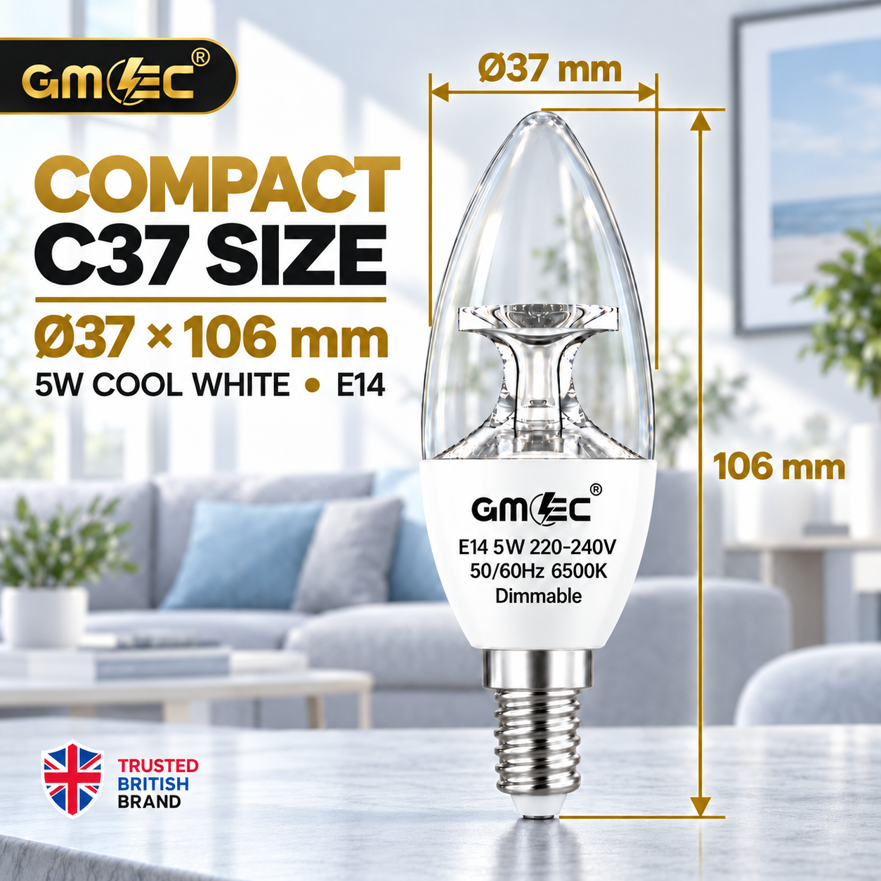 5W E14 C37 LED Reflector Candle Bulb – Clear Glass Dimmable Cool White 6500K, 420 Lumens thumbnail 3