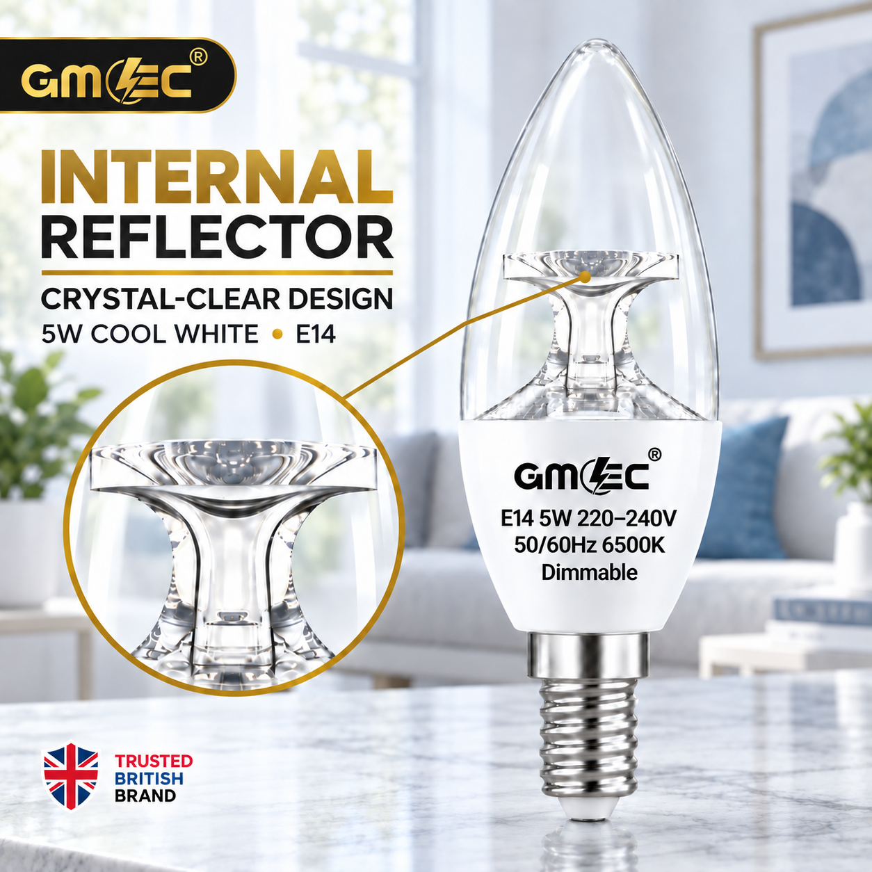 5W E14 C37 LED Reflector Candle Bulb – Clear Glass Dimmable Cool White 6500K, 420 Lumens thumbnail 11