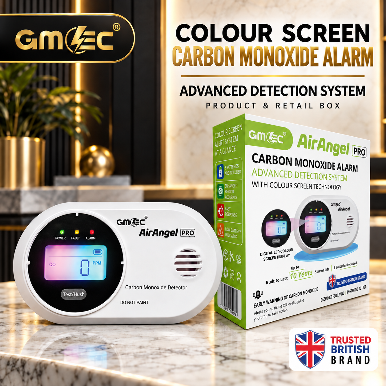 Carbon Monoxide Alarm with Colour Digital LCD Display – 10 Year Sensor Life, Battery Powered CO Detector