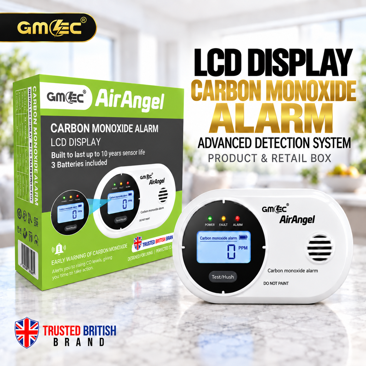 Carbon Monoxide Alarm with Digital LCD Display – 10 Year Sensor Life, Battery Powered CO Detector