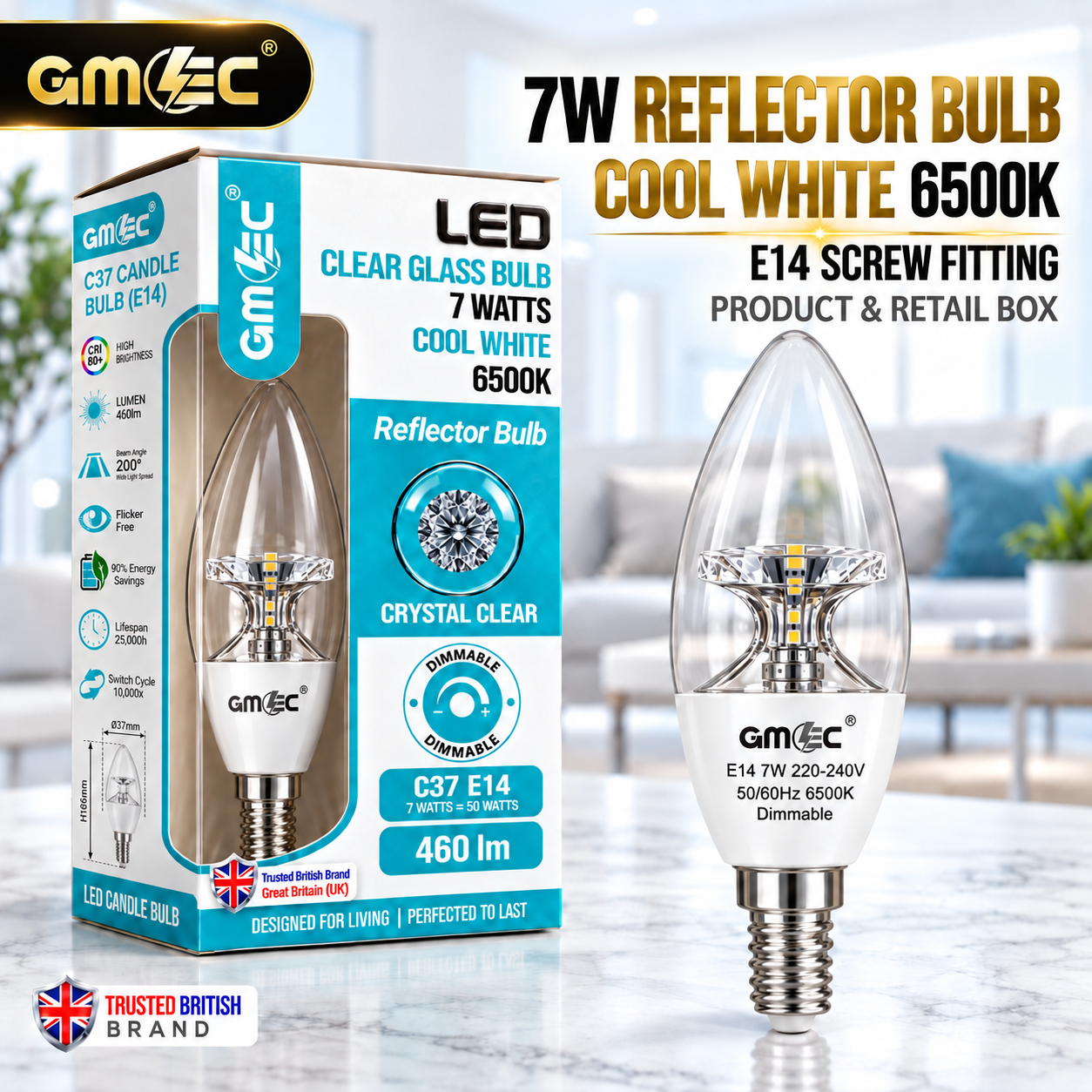 7W E14 C37 LED Reflector Candle Bulb – Clear Glass Dimmable Cool White 6500K, 460 Lumens