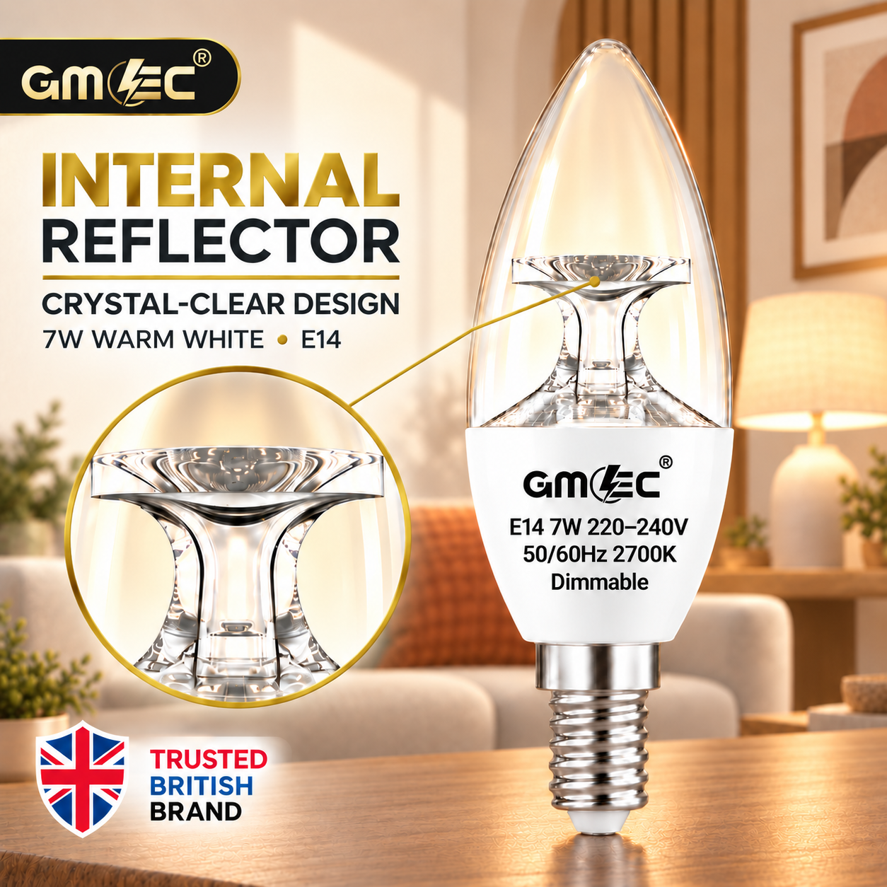 7W E14 C37 LED Reflector Candle Bulb – Clear Glass Dimmable Warm White 2700K, 460 Lumens thumbnail 3