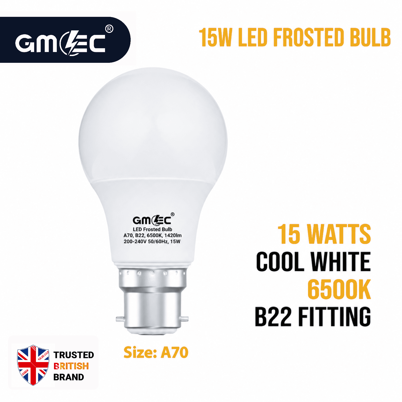 15W LED Frosted Bulb B22 Cool White 6500K A70