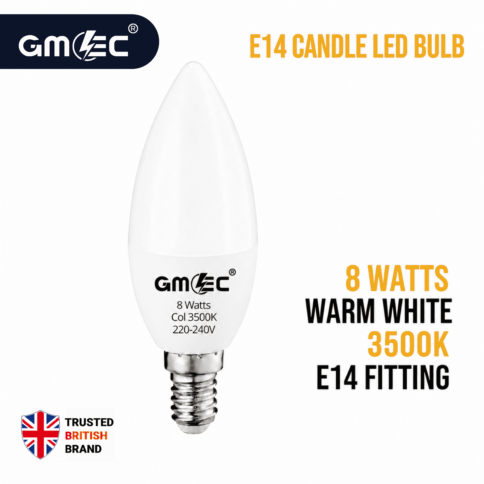 E14 8W LED Candle Bulb Warm White 3500K 1400 Lumens