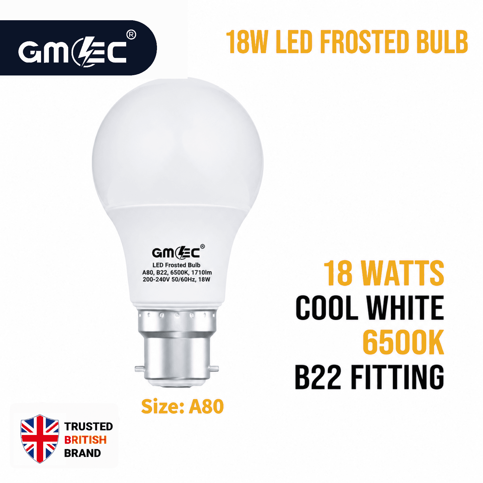 18W LED Frosted Bulb B22 Cool White 6500K A80